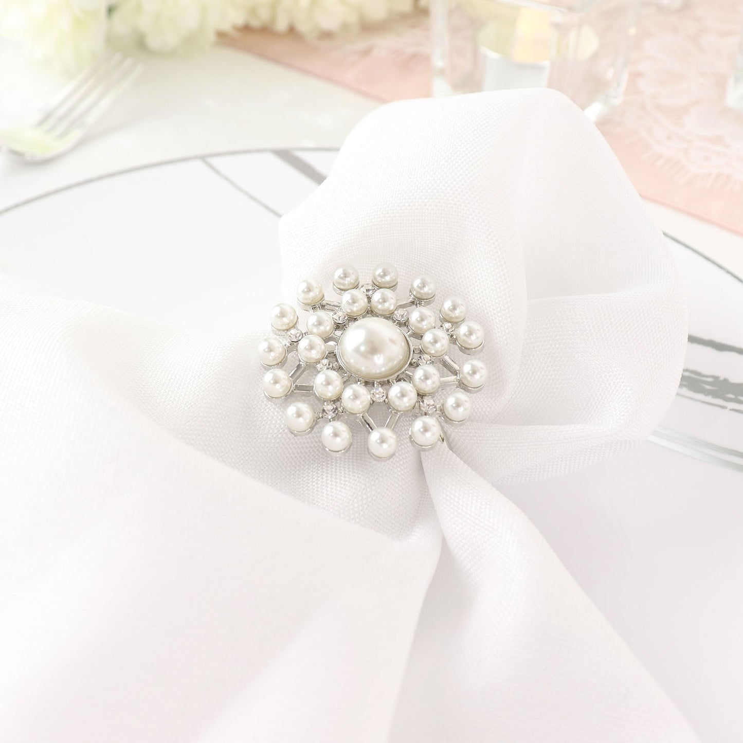 4 Pack | Pearl And Diamond Rhinestone Silver Metal Napkin Rings, Decorative Napkin Buckle Holders