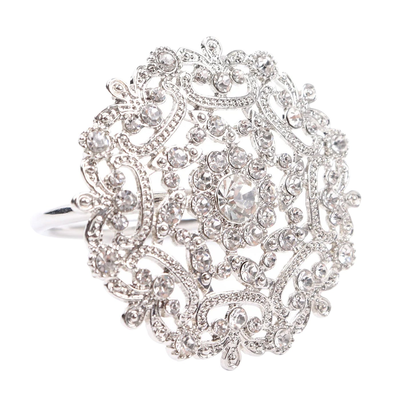 4 Pack | Diamond Rhinestone Silver Metal Flower Napkin Rings, Decorative Napkin Buckle Holders