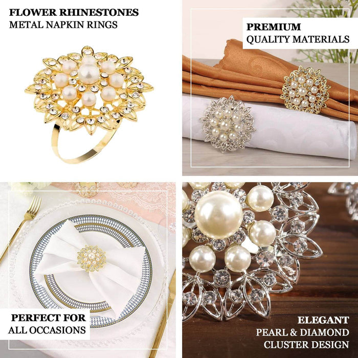 4 Pack | Pearl And Diamond Rhinestone Flower Silver Metal Napkin Rings, Decorative Napkin Buckle Holders