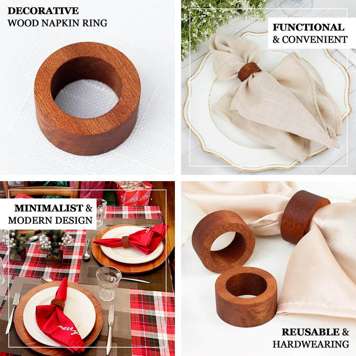 4 Pack | 1.75" Cinnamon Brown Rustic Hardwood Farmhouse Napkin Rings, Boho Napkin Holder Wood Slices