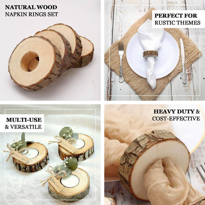 4 Pack | 3" Boho Rustic Natural Birch Wood Napkin Ring Wood Slices, Farmhouse Napkin Holders