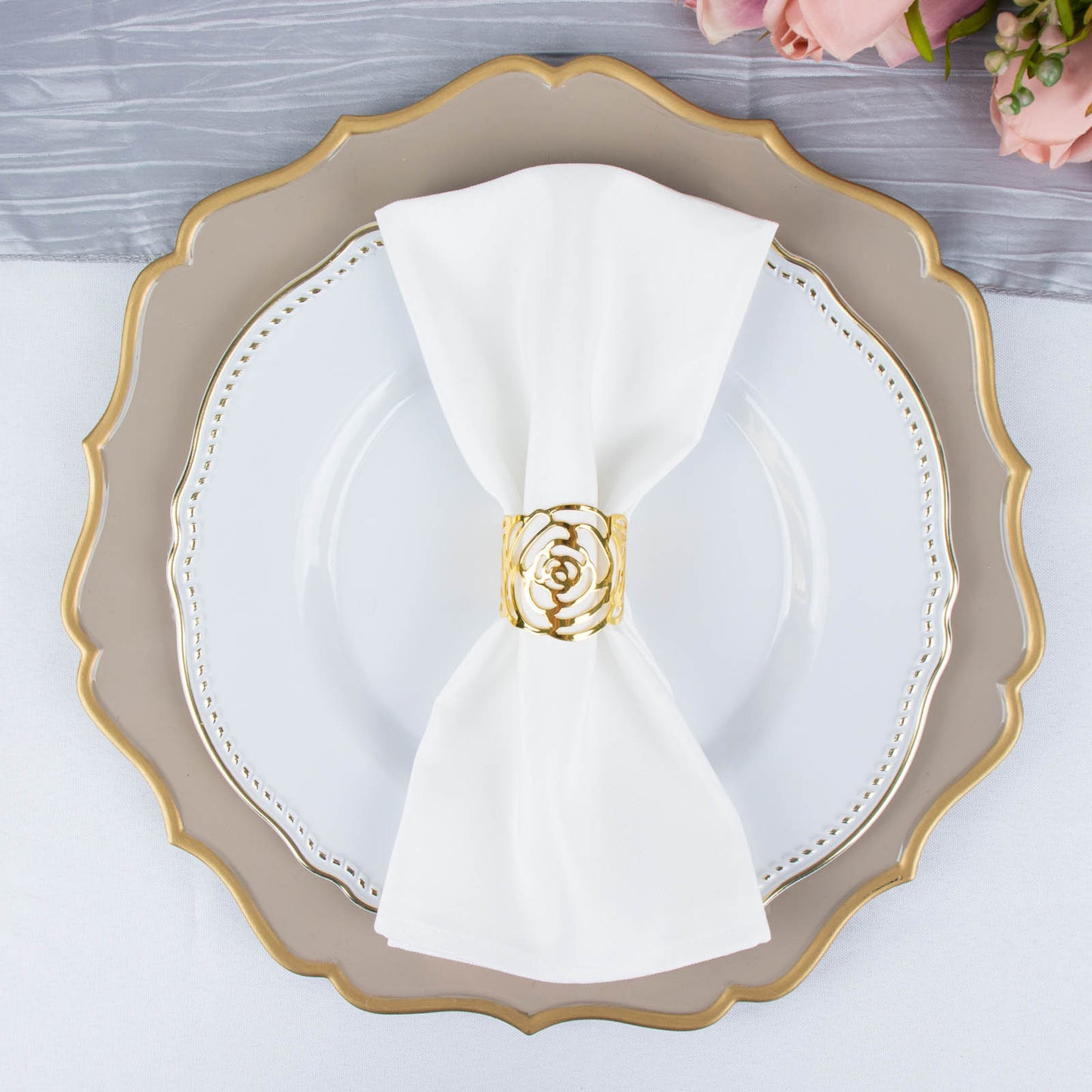 4 Pack | Shiny Gold Laser Cut Rose Round Metal Napkin Rings, Decorative Flower Napkin Holders