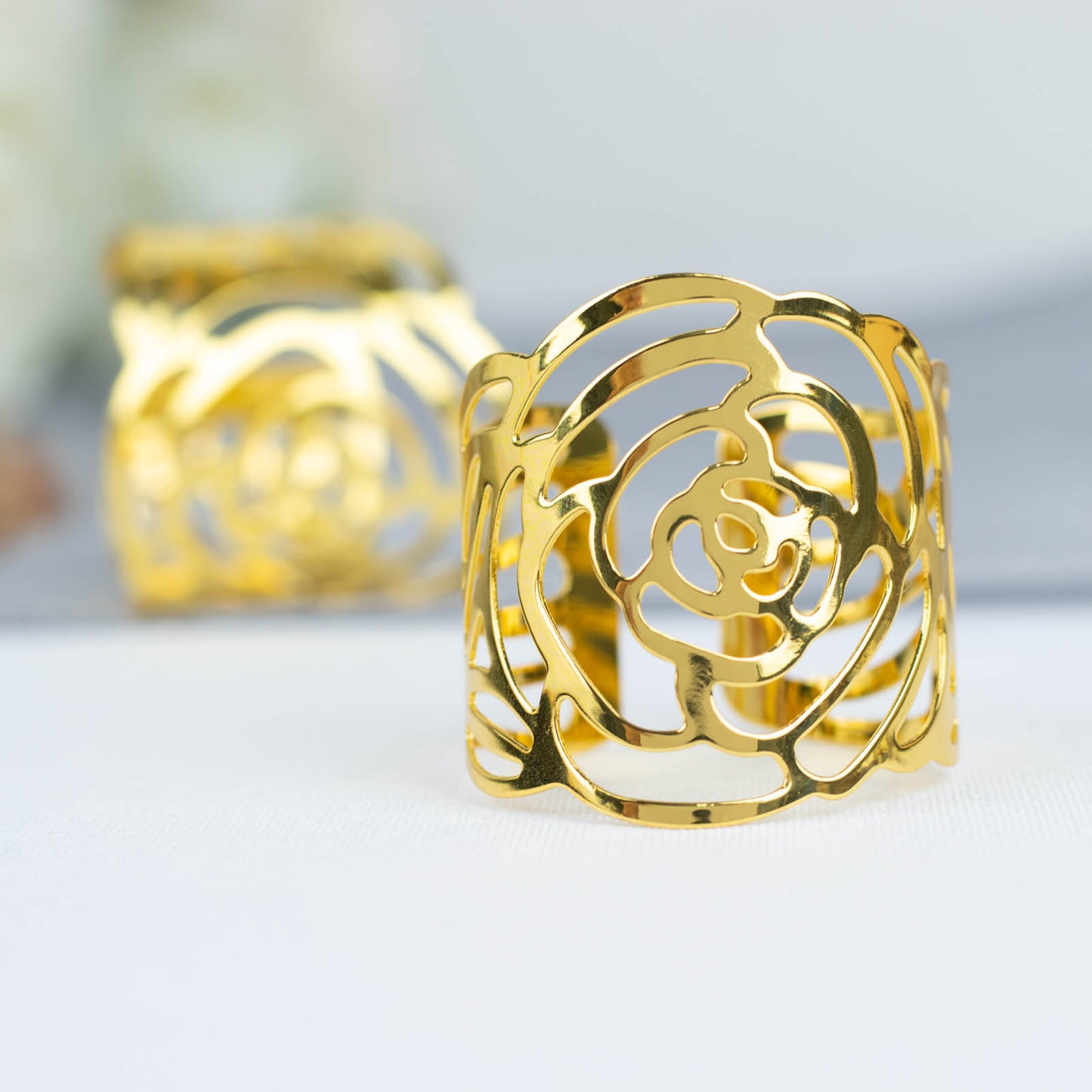 4 Pack | Shiny Gold Laser Cut Rose Round Metal Napkin Rings, Decorative Flower Napkin Holders