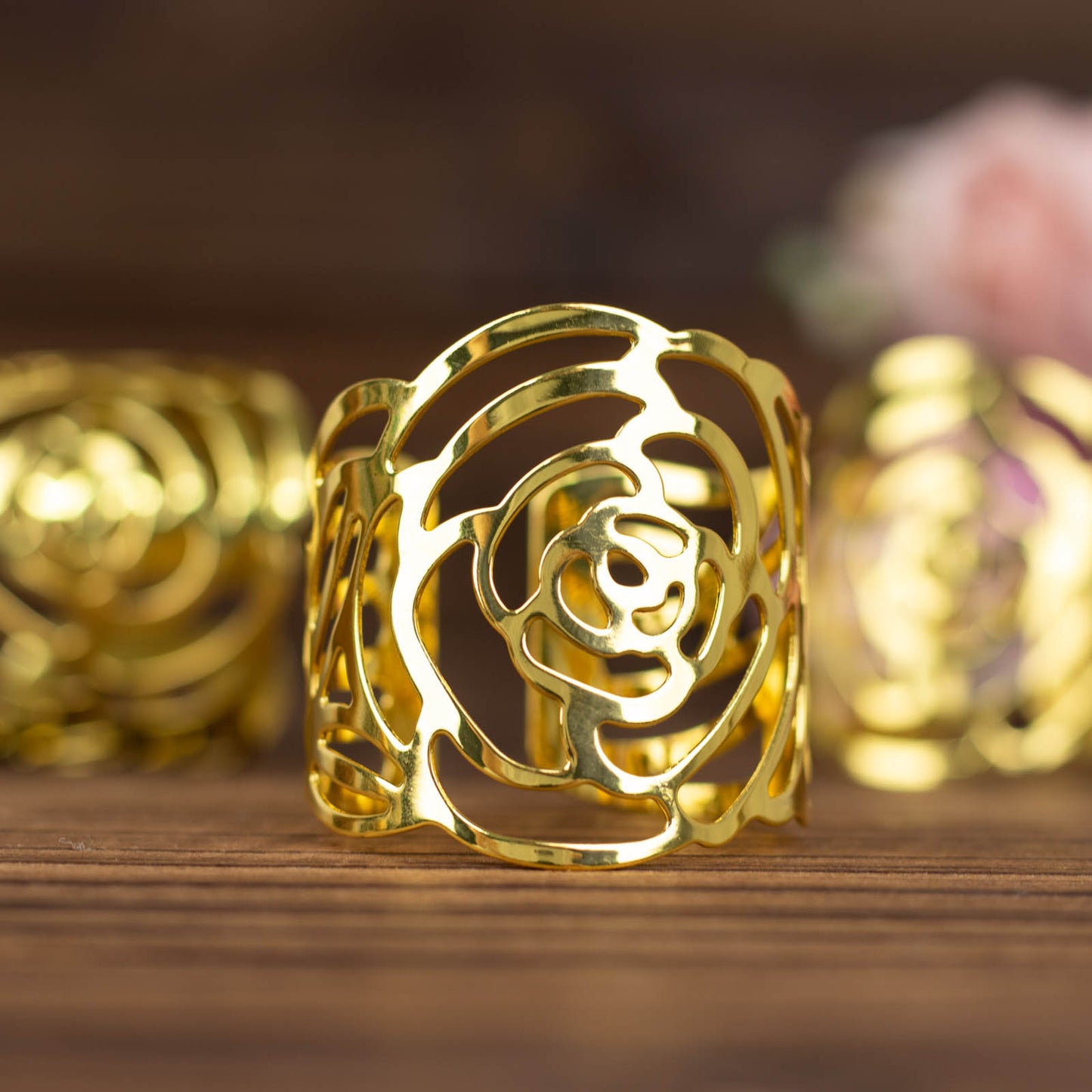 4 Pack | Shiny Gold Laser Cut Rose Round Metal Napkin Rings, Decorative Flower Napkin Holders