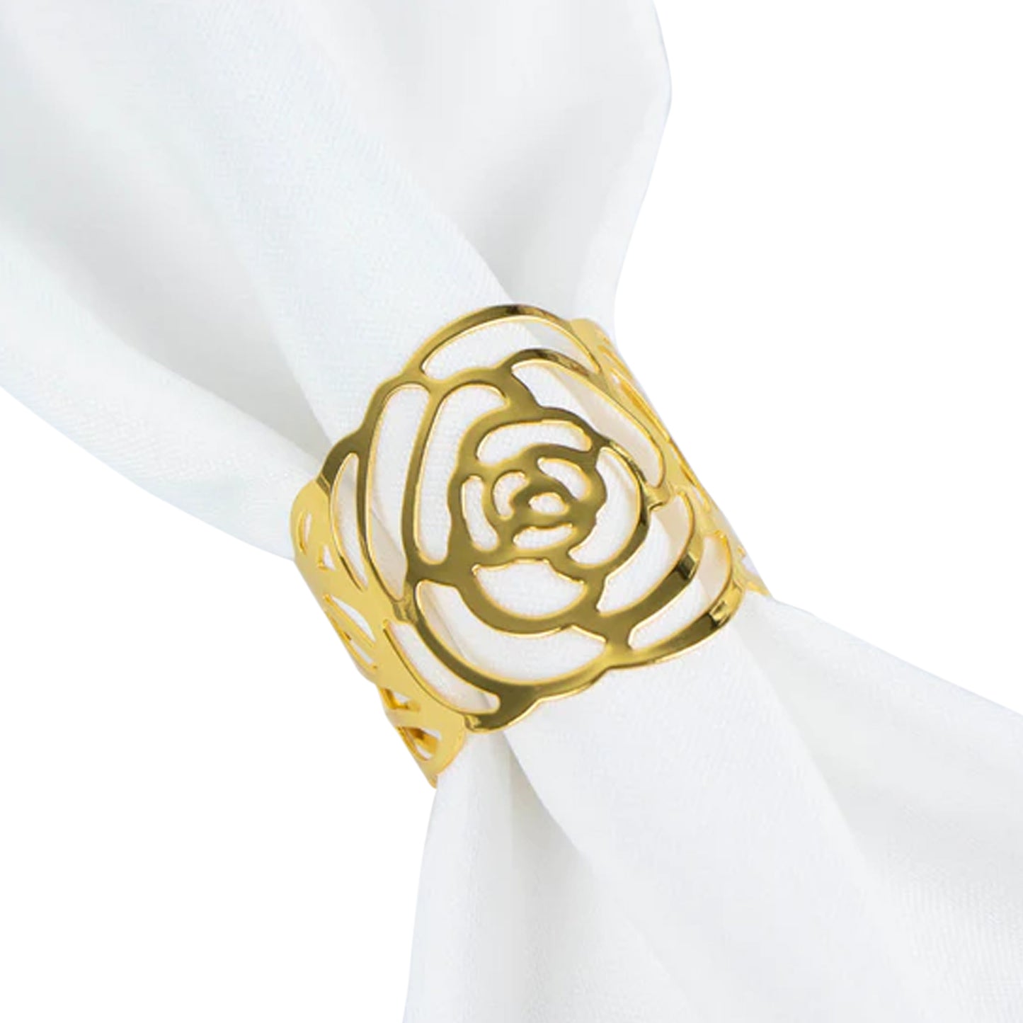 4 Pack | Shiny Gold Laser Cut Rose Round Metal Napkin Rings, Decorative Flower Napkin Holders