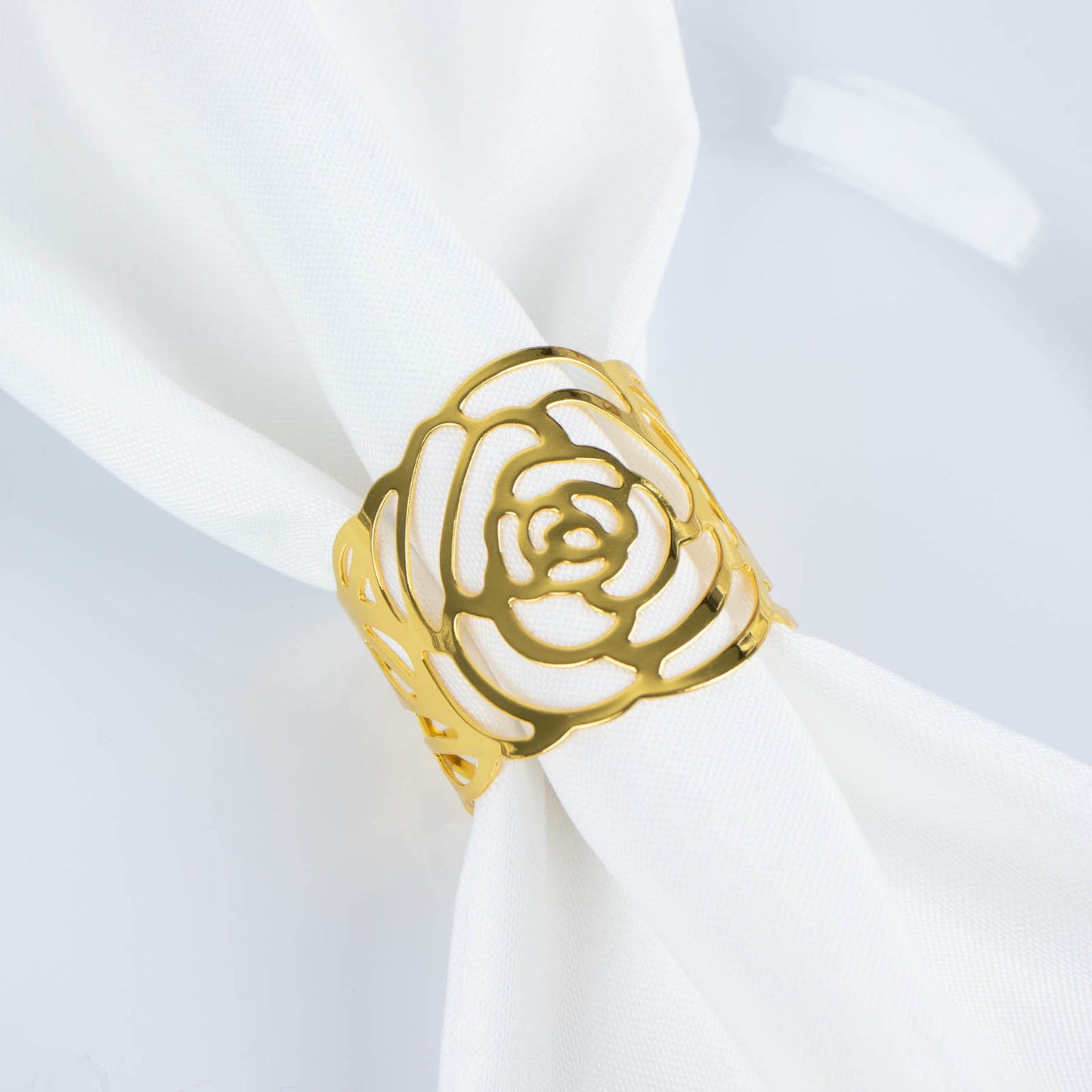 4 Pack | Shiny Gold Laser Cut Rose Round Metal Napkin Rings, Decorative Flower Napkin Holders