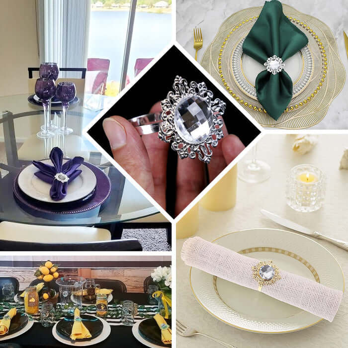 6 Pack | 2" Gold Metal Crystal Rhinestone Napkin Rings, Diamond Bling Napkin Holders