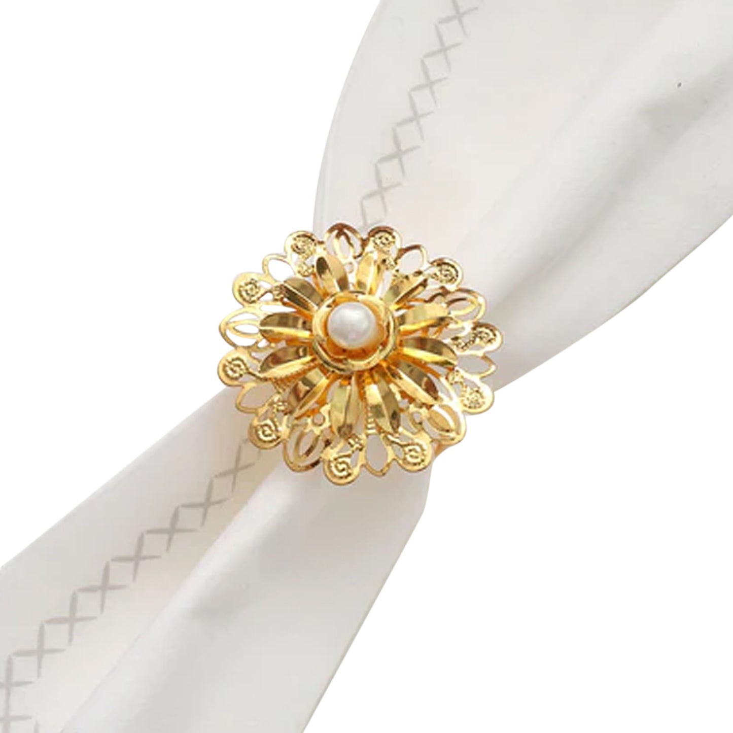 4 Pack | 2" Elegant Gold Metal Pearl Floral Serviette Napkin Rings, Daffodil Flower Buckle Napkin Holders