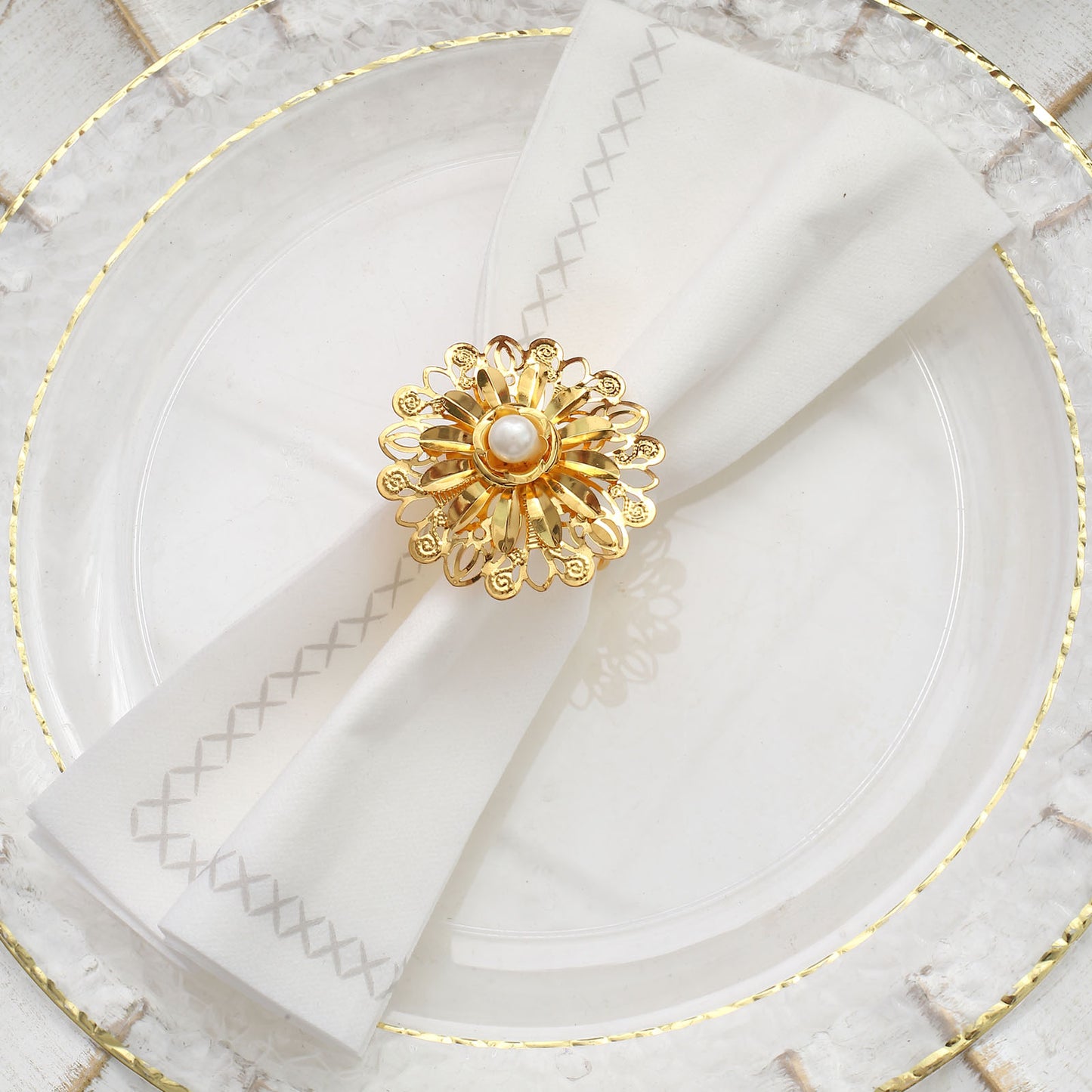 4 Pack | 2" Elegant Gold Metal Pearl Floral Serviette Napkin Rings, Daffodil Flower Buckle Napkin Holders