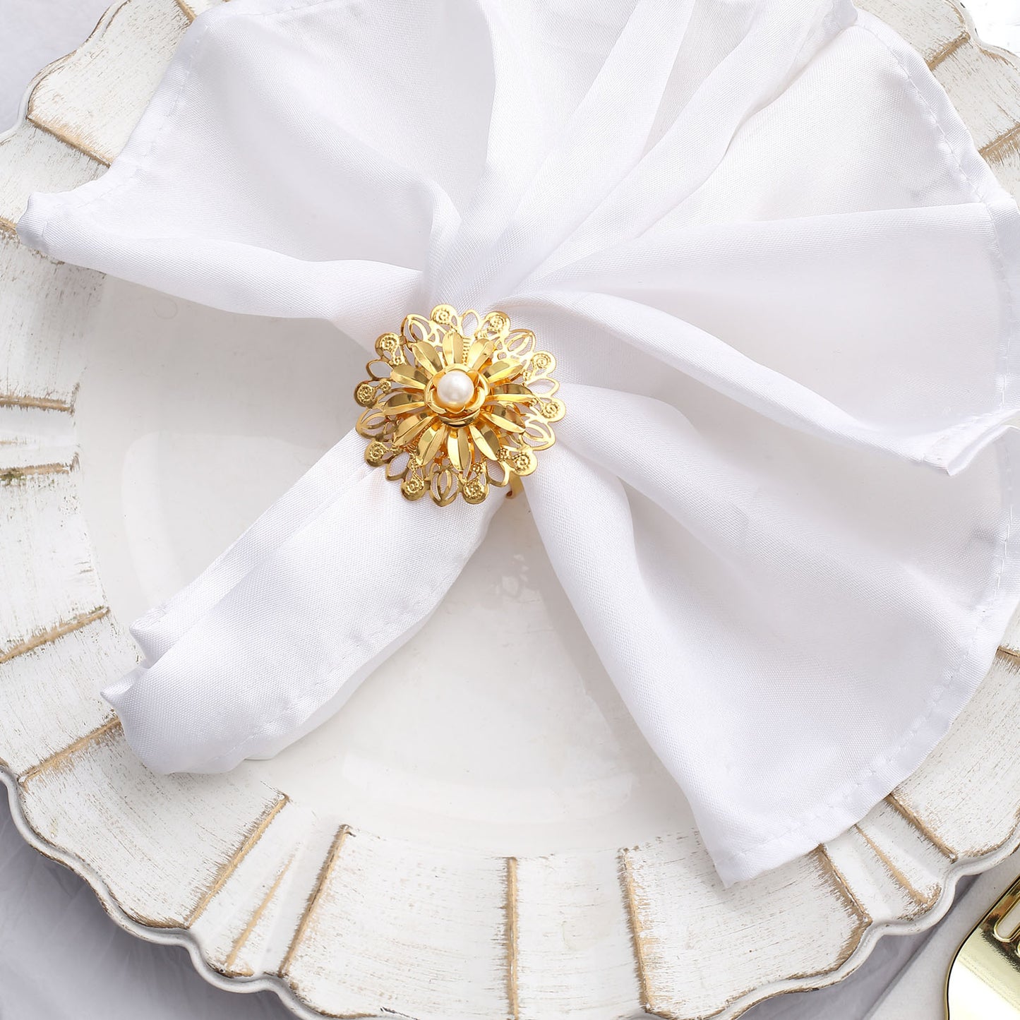 4 Pack | 2" Elegant Gold Metal Pearl Floral Serviette Napkin Rings, Daffodil Flower Buckle Napkin Holders