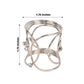 Silver metal napkin ring with woven design and rhinestones.