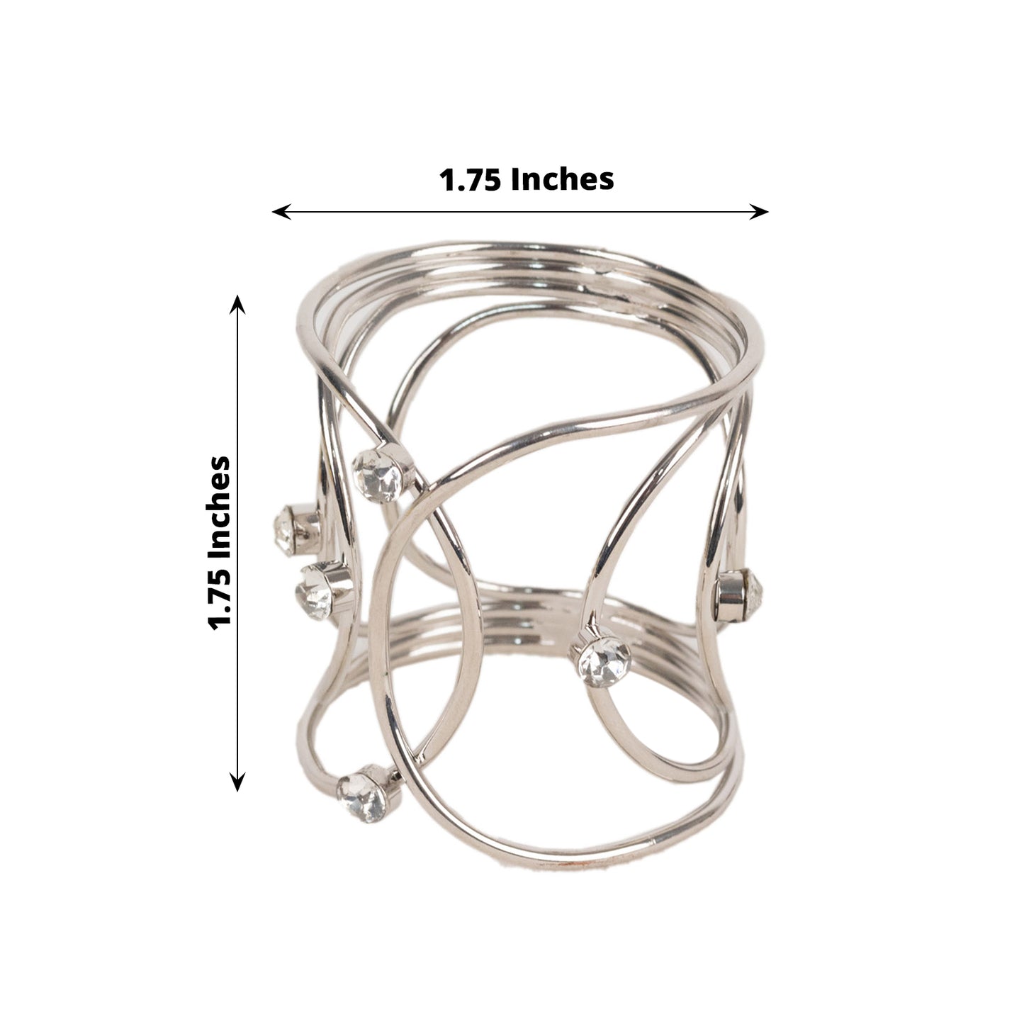 Silver metal napkin ring with woven design and rhinestones.