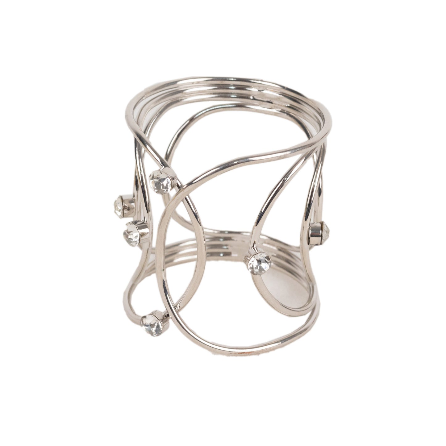 Silver metal napkin ring with rhinestones, elegant hollow woven style.