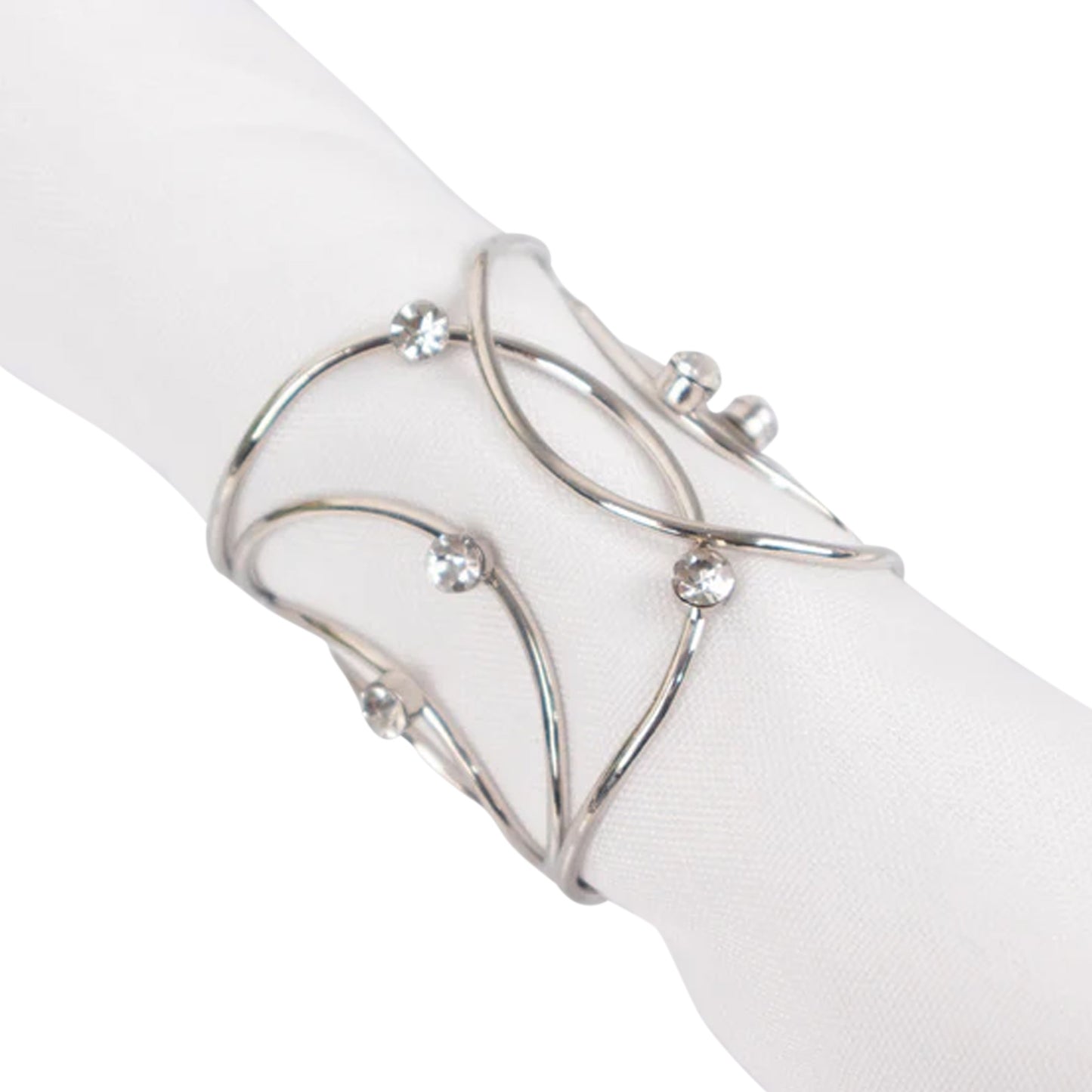 Silver metal napkin rings with rhinestones in a woven design.