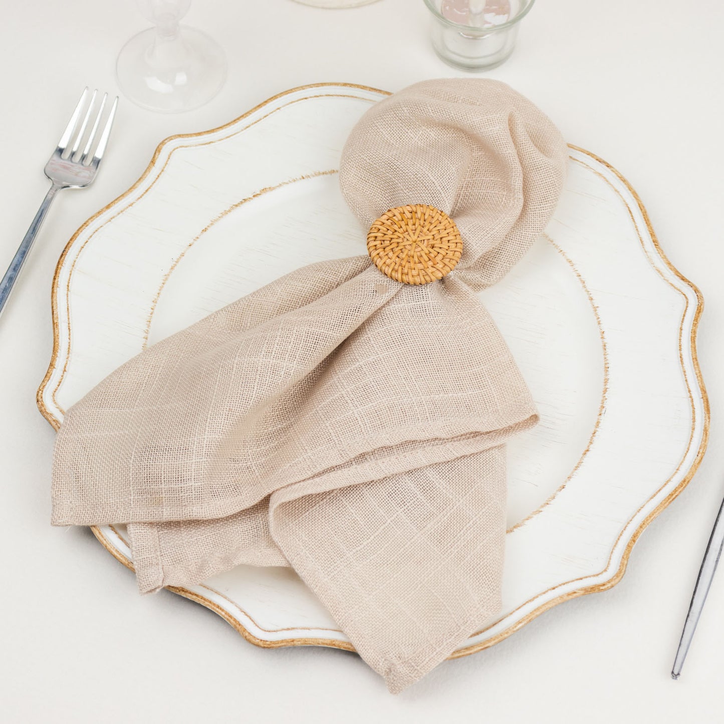 4 Pack | 2" Natural Rustic Style Jute Rattan Metal Napkin Rings, Handmade Boho Chic Woven Serviette Buckle Holders