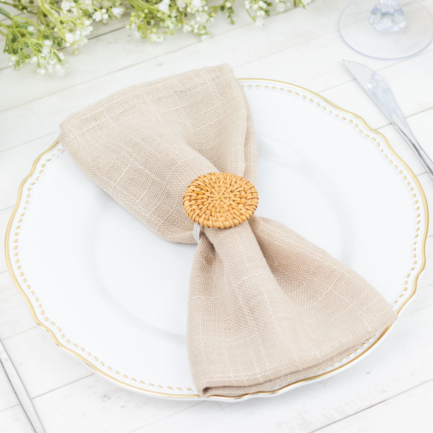 4 Pack | 2" Natural Rustic Style Jute Rattan Metal Napkin Rings, Handmade Boho Chic Woven Serviette Buckle Holders