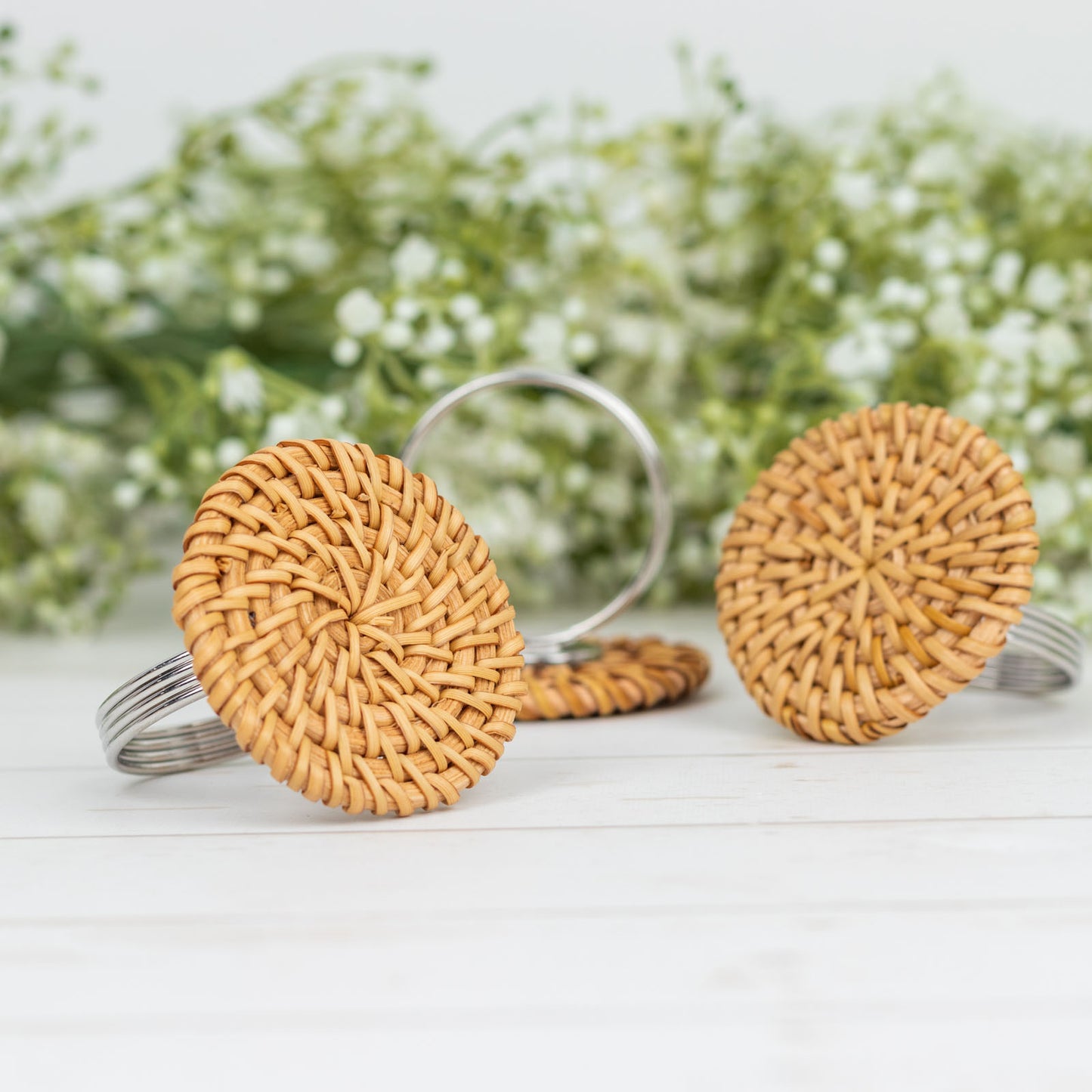 4 Pack | 2" Natural Rustic Style Jute Rattan Metal Napkin Rings, Handmade Boho Chic Woven Serviette Buckle Holders