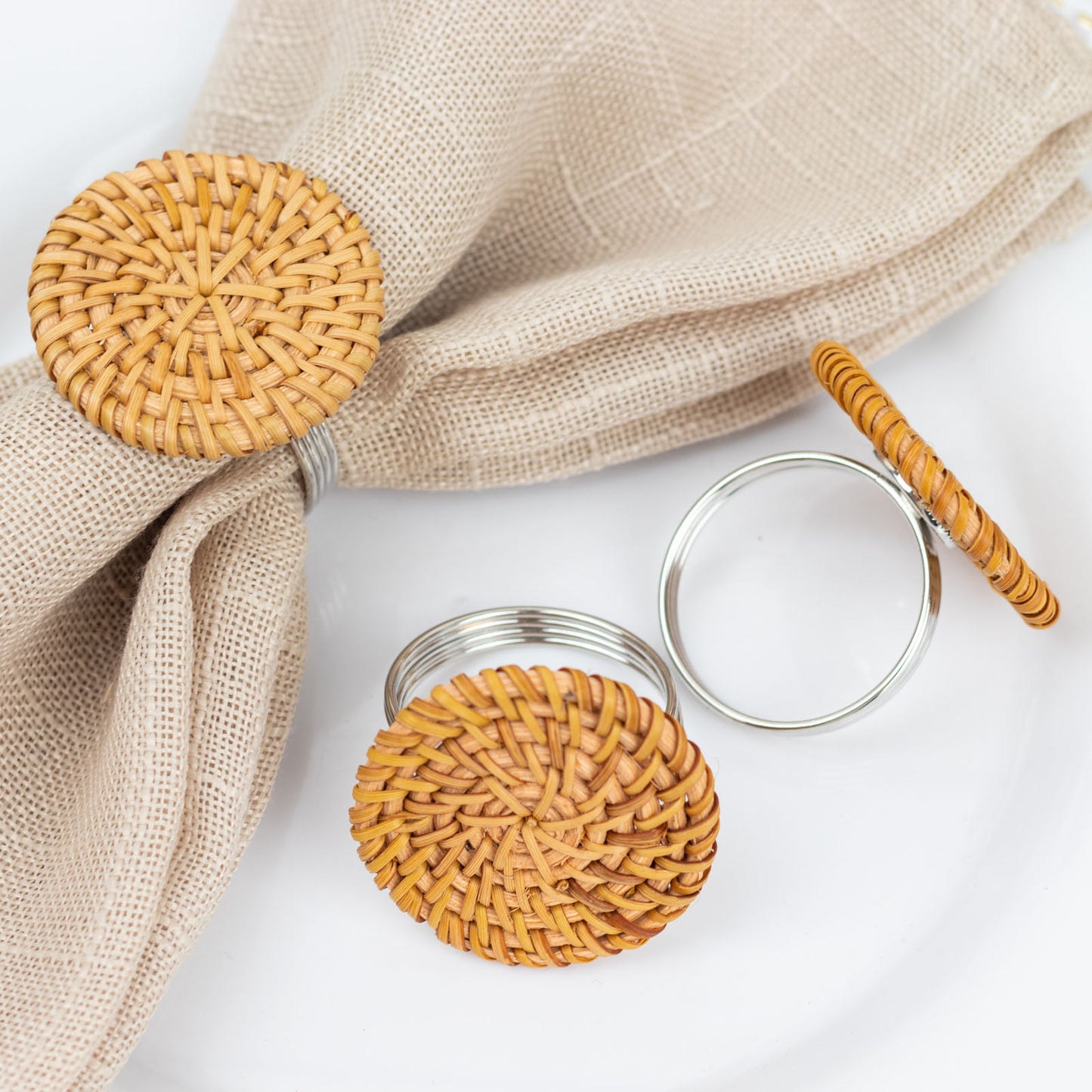4 Pack | 2" Natural Rustic Style Jute Rattan Metal Napkin Rings, Handmade Boho Chic Woven Serviette Buckle Holders