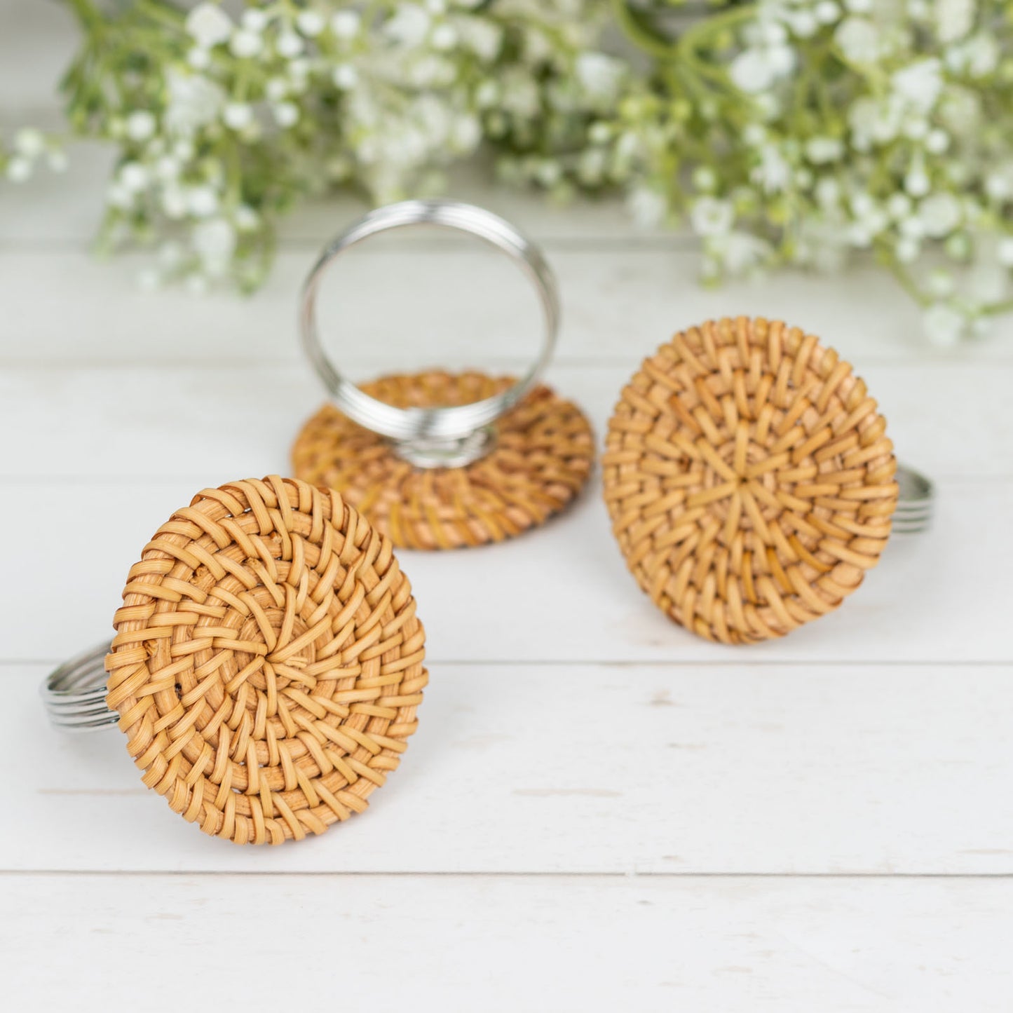 4 Pack | 2" Natural Rustic Style Jute Rattan Metal Napkin Rings, Handmade Boho Chic Woven Serviette Buckle Holders