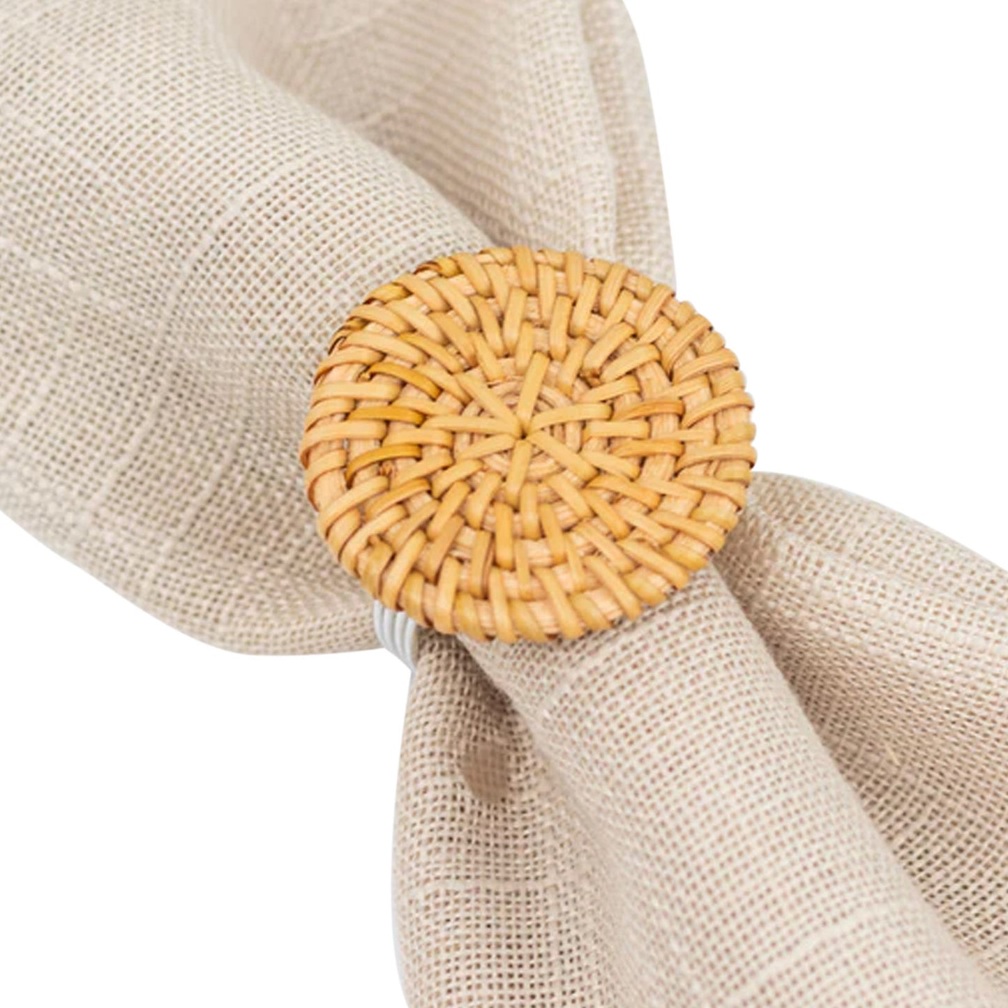 4 Pack | 2" Natural Rustic Style Jute Rattan Metal Napkin Rings, Handmade Boho Chic Woven Serviette Buckle Holders