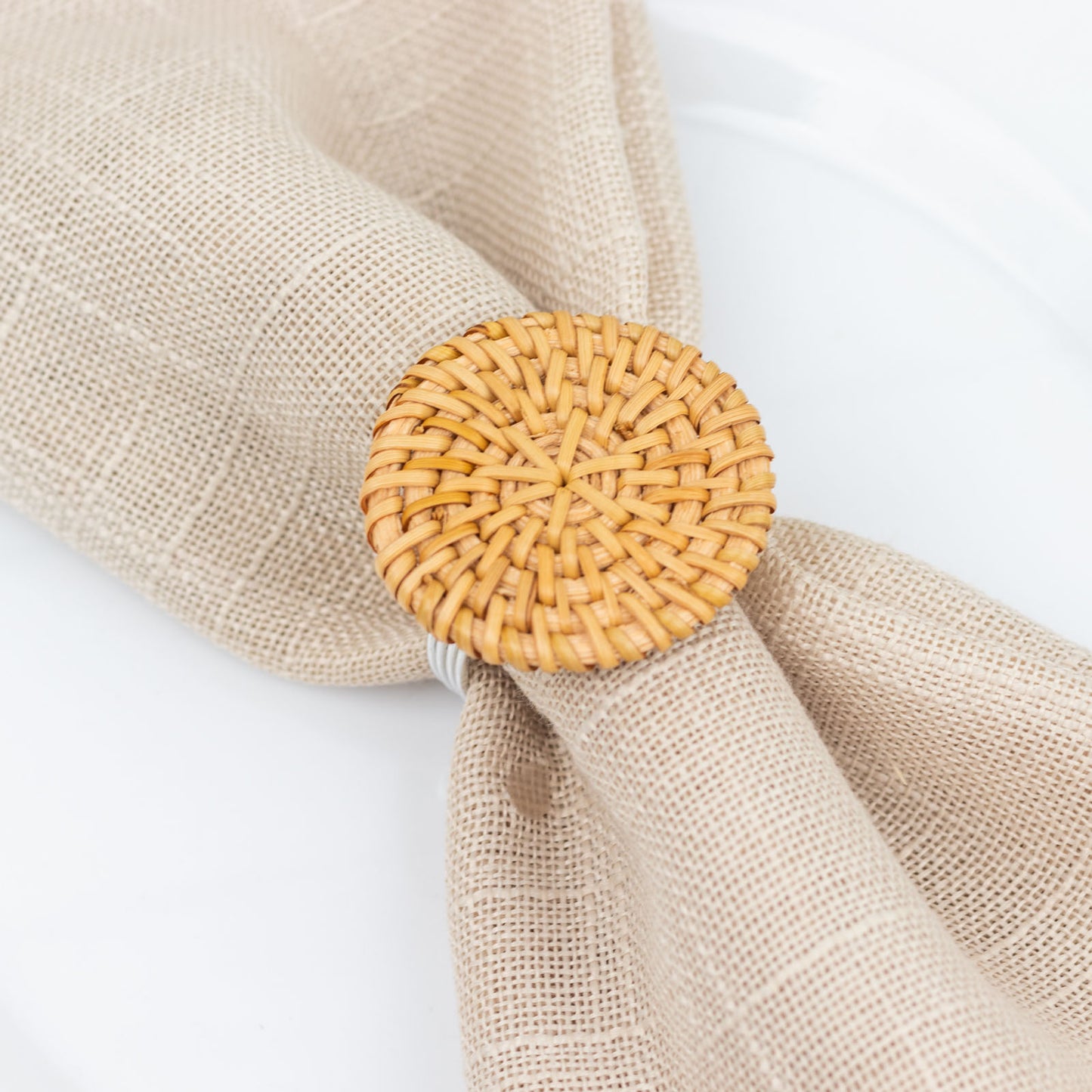 4 Pack | 2" Natural Rustic Style Jute Rattan Metal Napkin Rings, Handmade Boho Chic Woven Serviette Buckle Holders