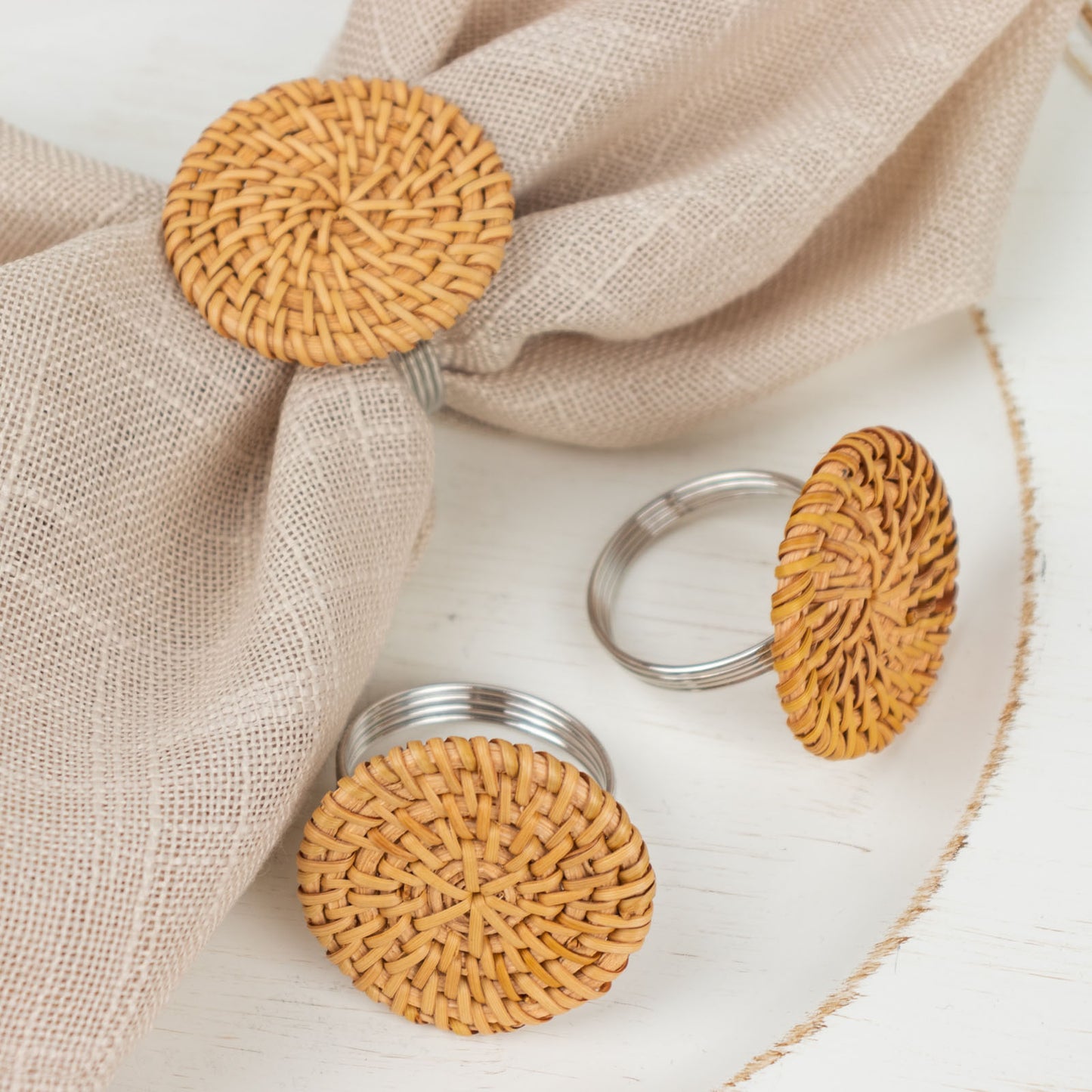 4 Pack | 2" Natural Rustic Style Jute Rattan Metal Napkin Rings, Handmade Boho Chic Woven Serviette Buckle Holders