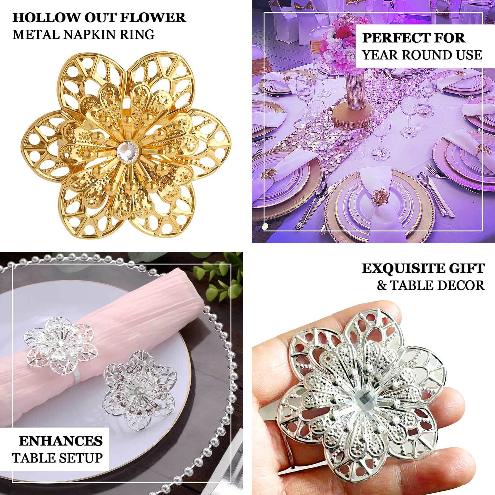 Silver metal hollow sun flower napkin rings for elegant table decor.