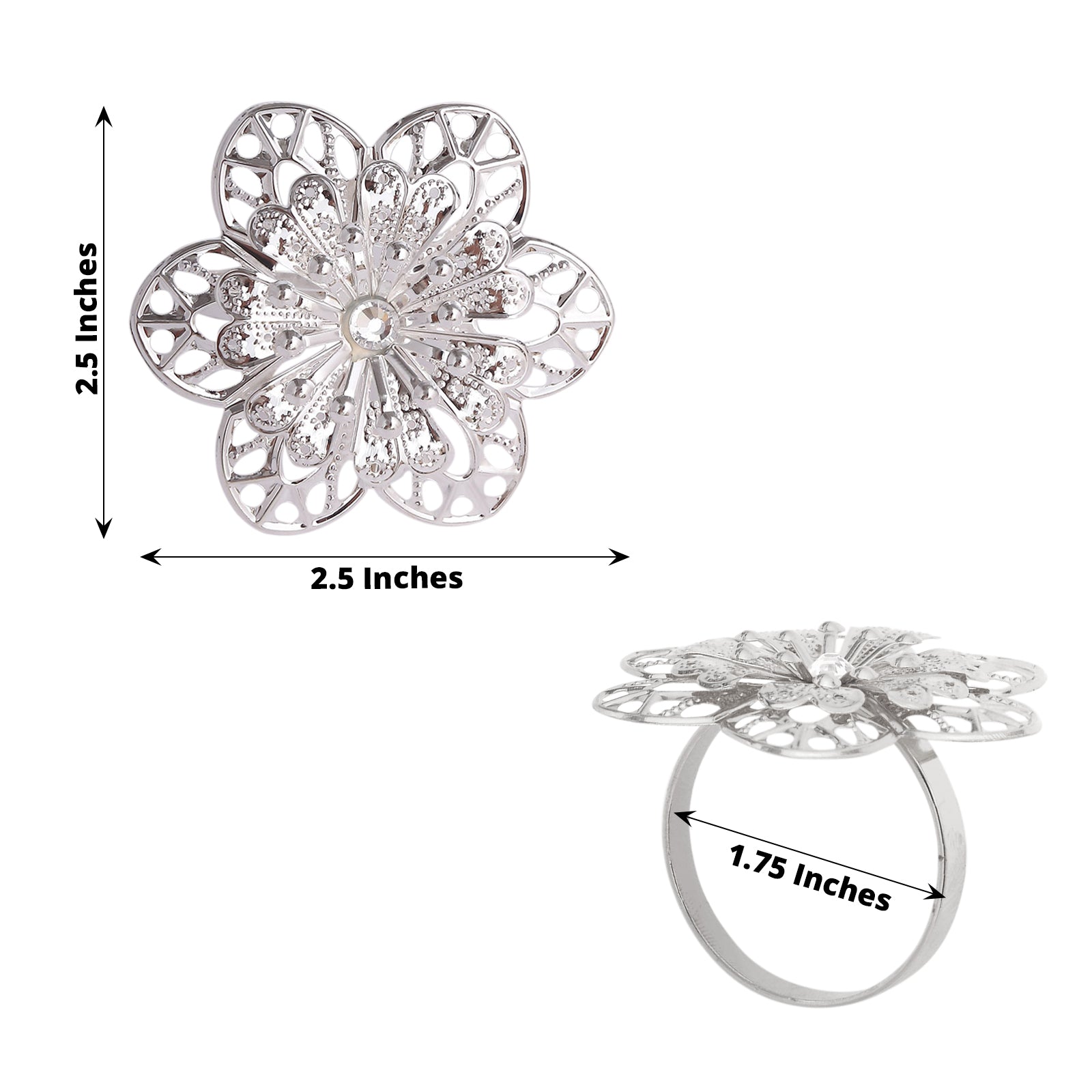 Silver metal hollow flower napkin ring, modern floral design, 4 pack.
