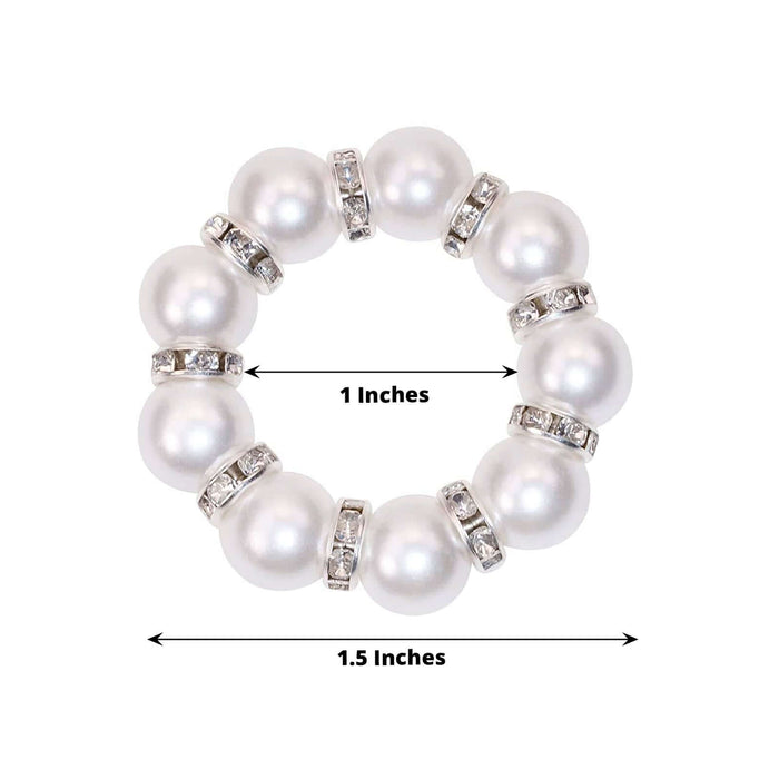 4 Pack | 1.5" White Pearl Beads and Silver Rhinestone Napkin Rings, Elegant Round Serviette Buckle Napkin Holders