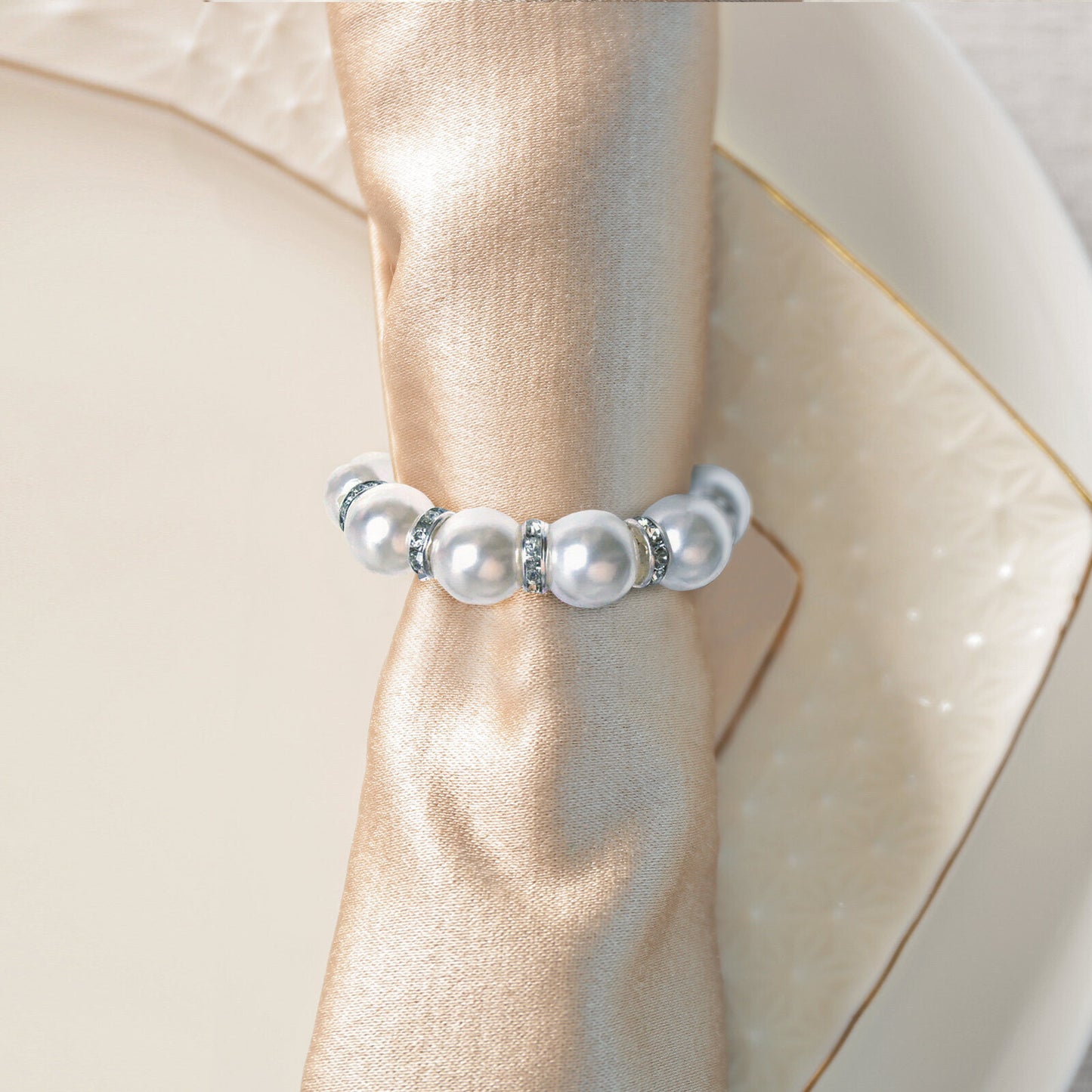 4 Pack | 1.5" White Pearl Beads and Silver Rhinestone Napkin Rings, Elegant Round Serviette Buckle Napkin Holders