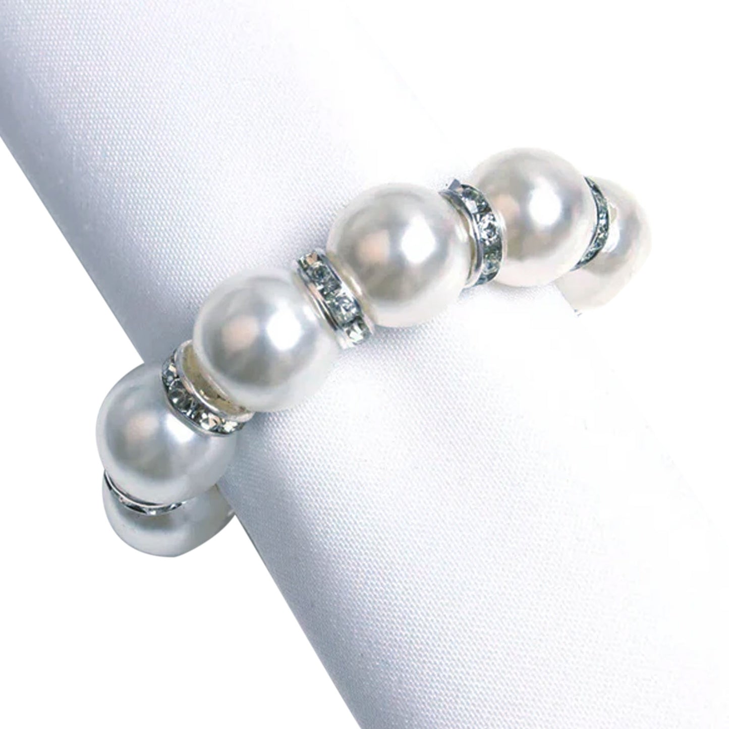 4 Pack | 1.5" White Pearl Beads and Silver Rhinestone Napkin Rings, Elegant Round Serviette Buckle Napkin Holders