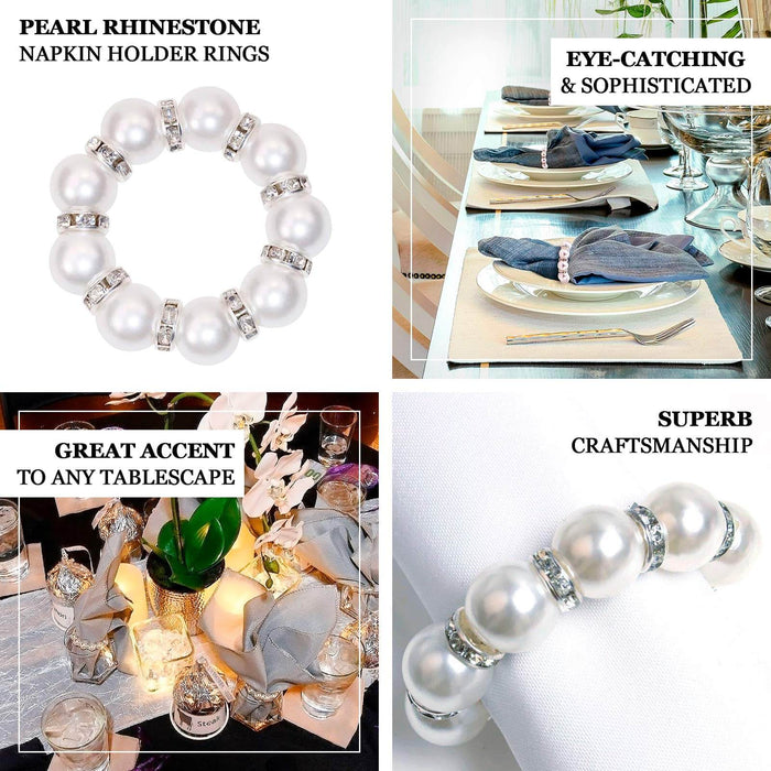 4 Pack | 1.5" White Pearl Beads and Silver Rhinestone Napkin Rings, Elegant Round Serviette Buckle Napkin Holders