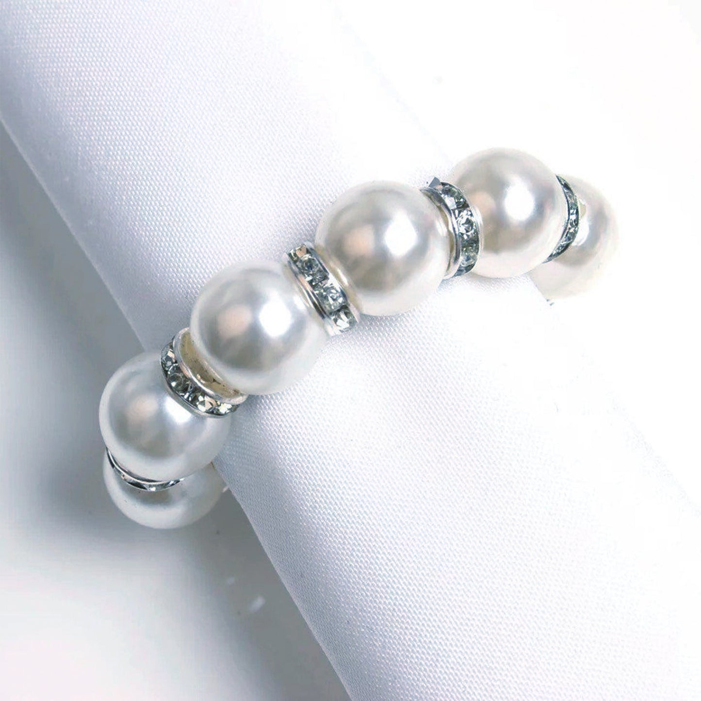 4 Pack | 1.5" White Pearl Beads and Silver Rhinestone Napkin Rings, Elegant Round Serviette Buckle Napkin Holders