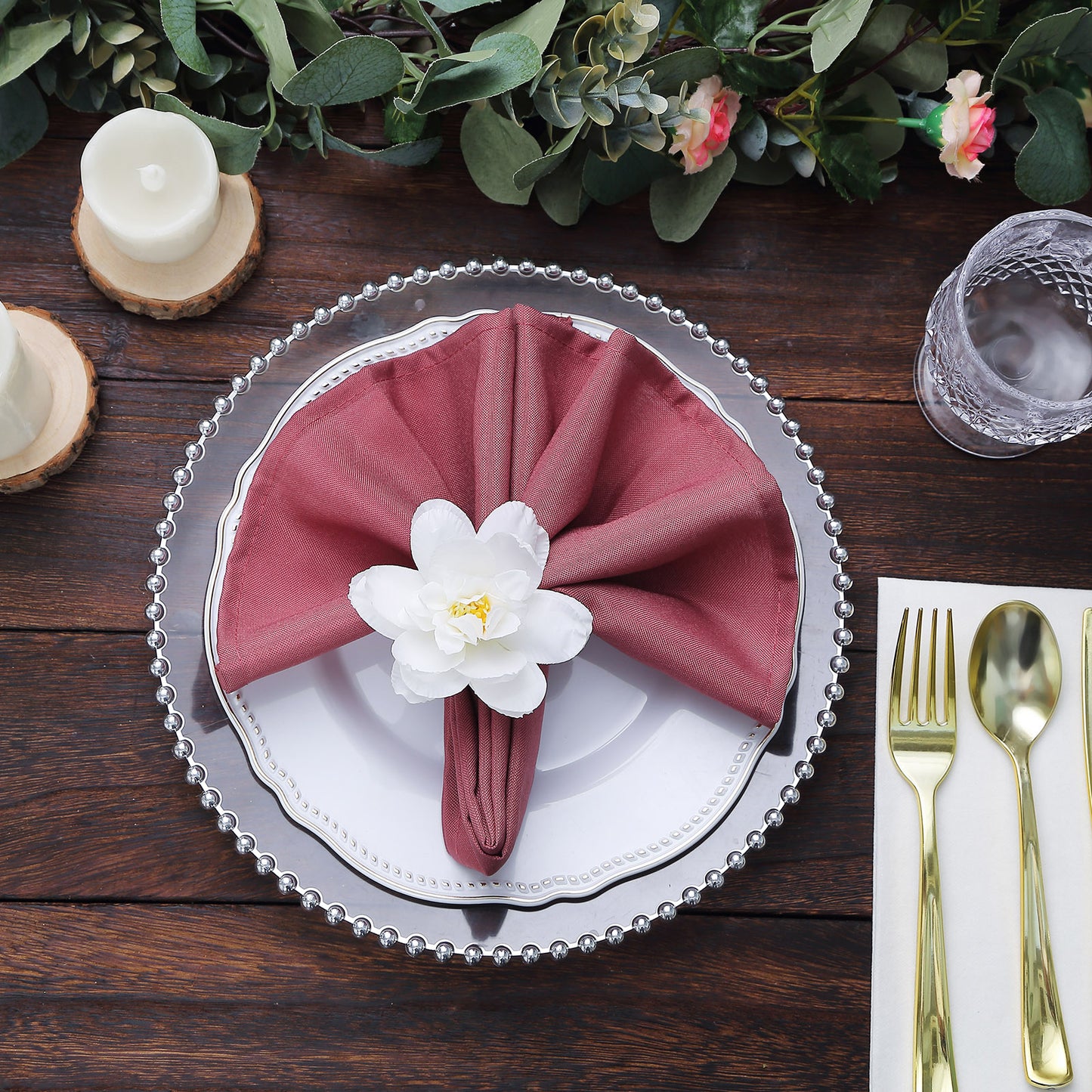 4 Pack White Silk Jasmine Flower Napkin Rings with Wooden Holder, Rustic Boho Serviette Buckles with Artificial Flowers