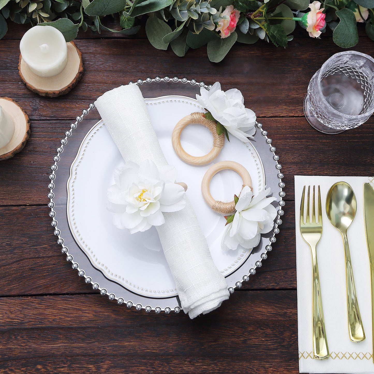 4 Pack White Silk Jasmine Flower Napkin Rings with Wooden Holder, Rustic Boho Serviette Buckles with Artificial Flowers