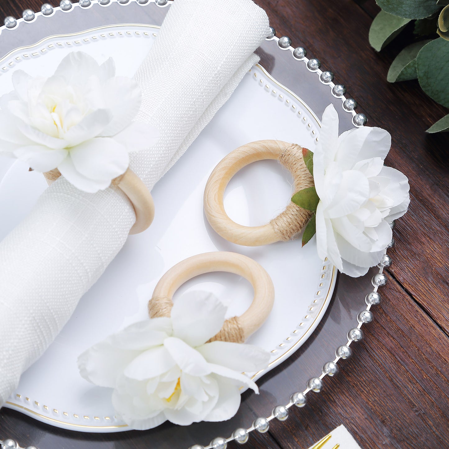 4 Pack White Silk Jasmine Flower Napkin Rings with Wooden Holder, Rustic Boho Serviette Buckles with Artificial Flowers