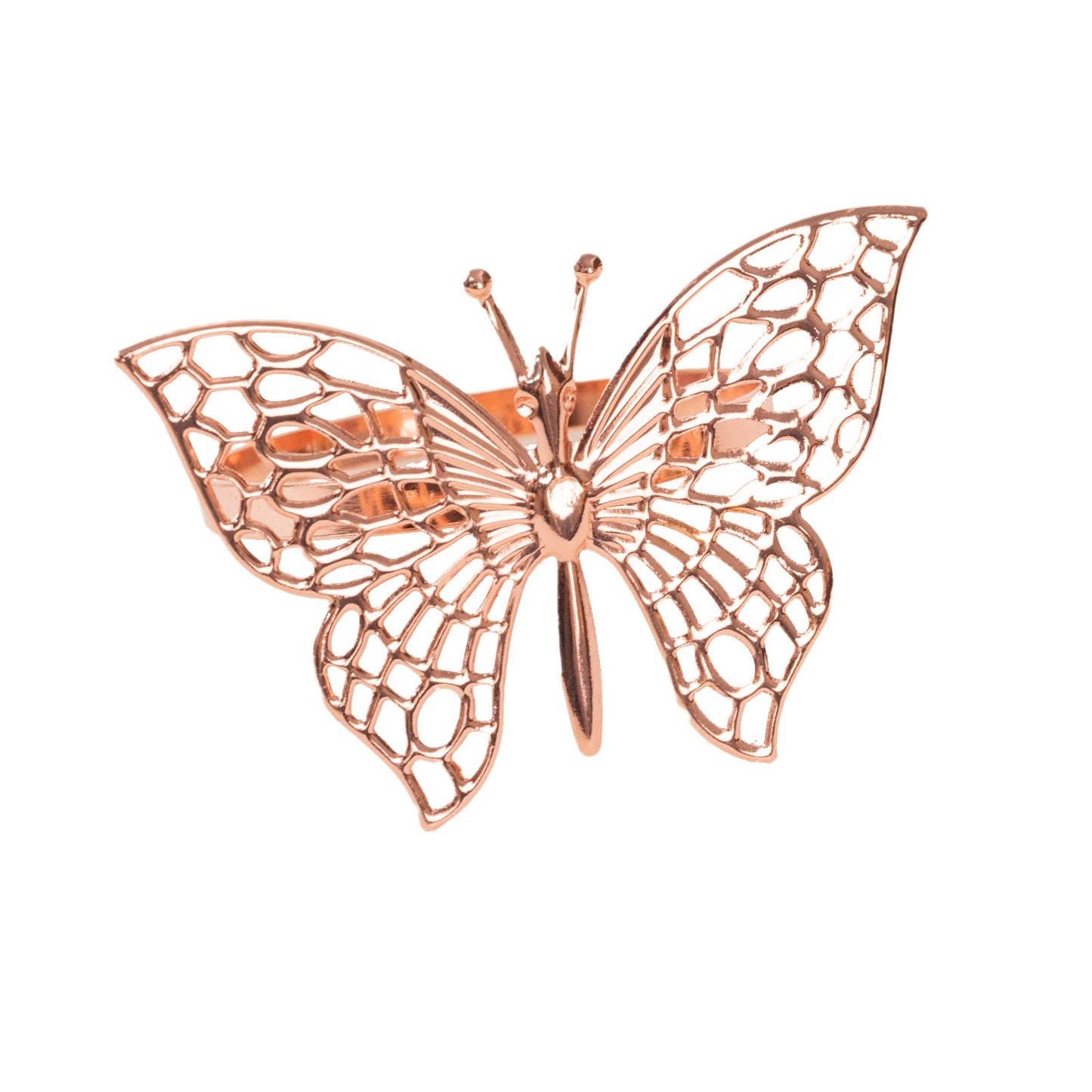 Rose gold butterfly napkin ring holder, decorative laser cut design.