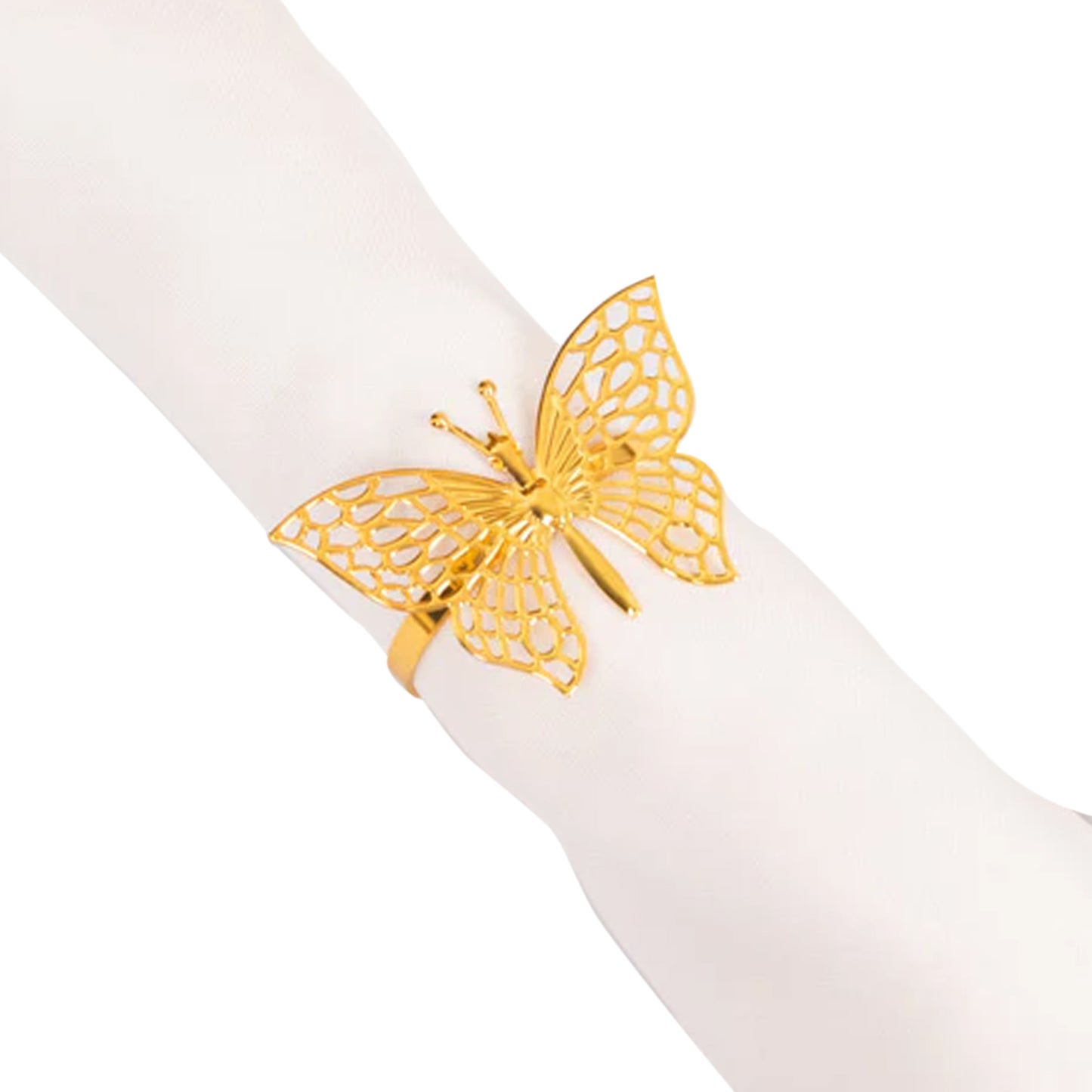 Gold butterfly napkin ring on white cloth napkin. #whtbkgd