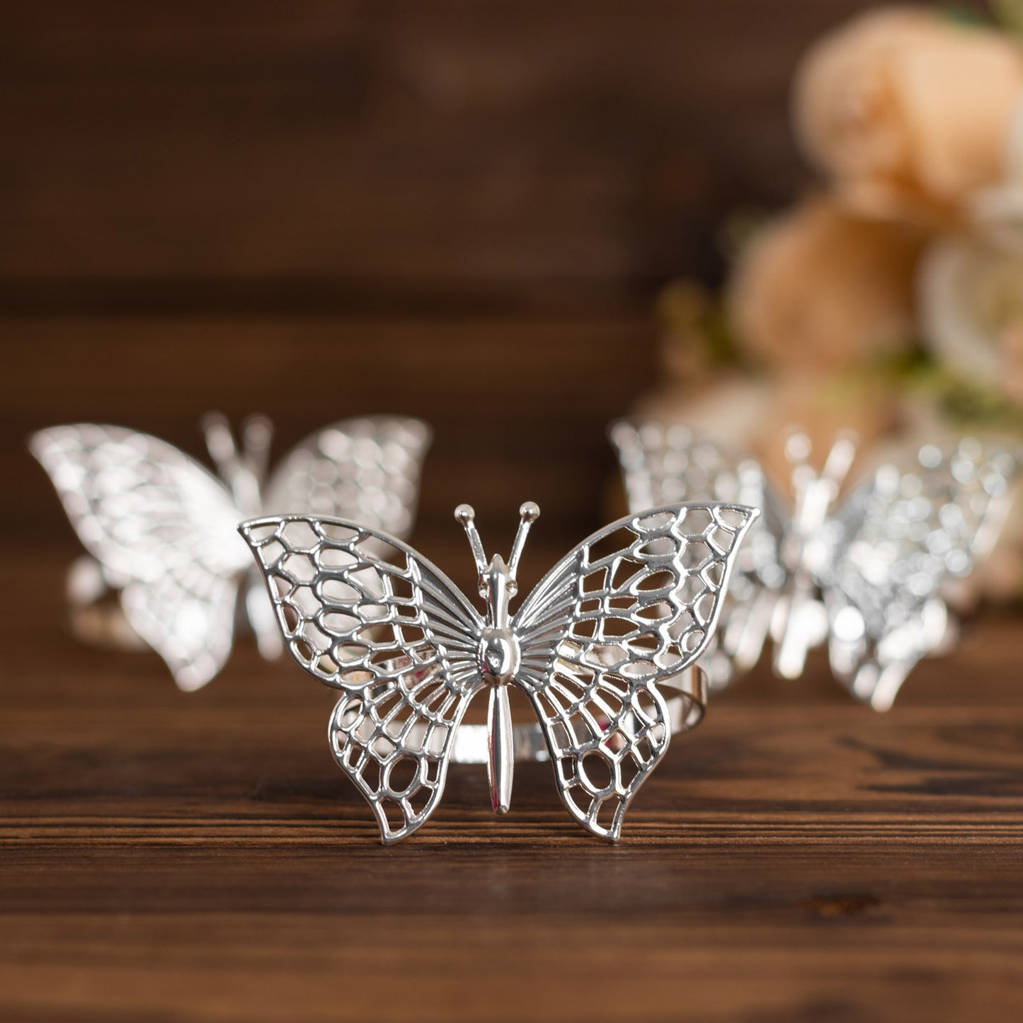 Silver metal butterfly napkin rings, decorative laser cut napkin holders.