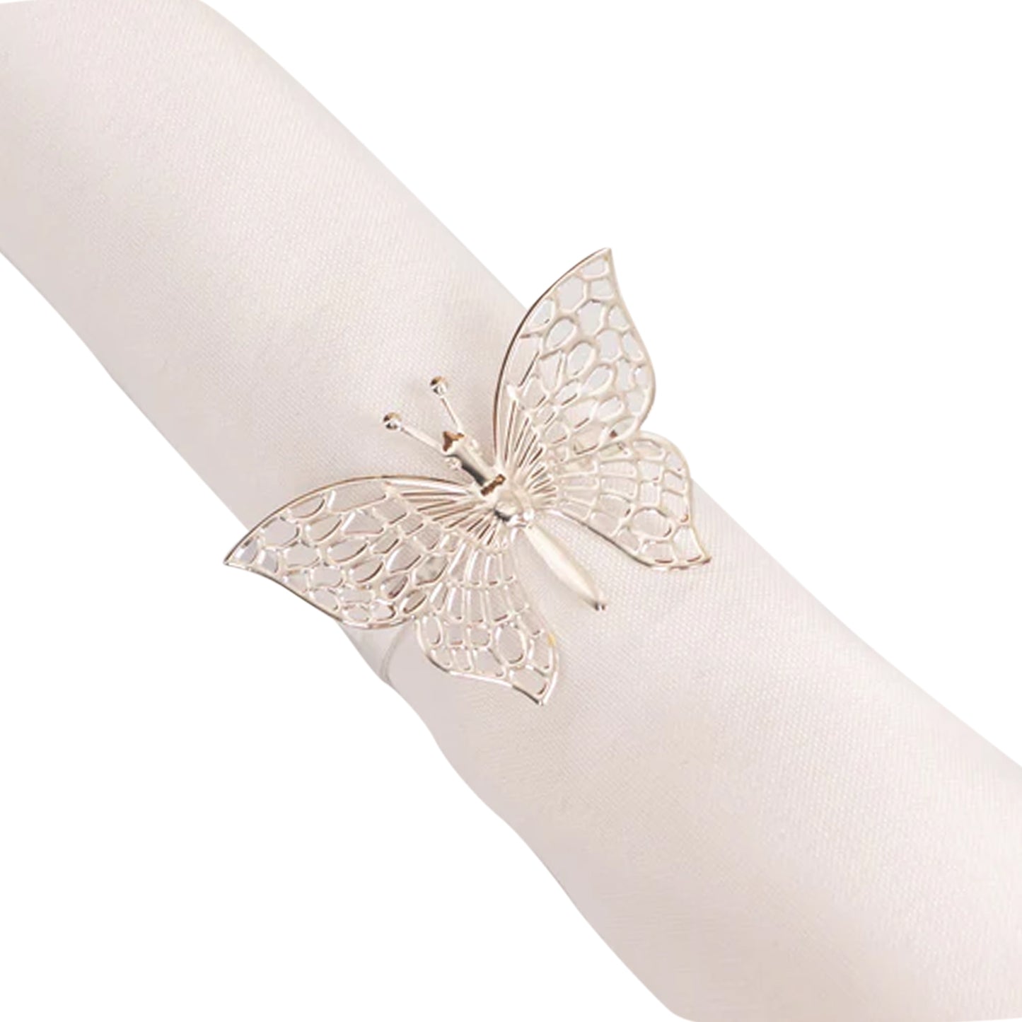 Silver butterfly napkin ring on a white cloth napkin. #whtbkgd