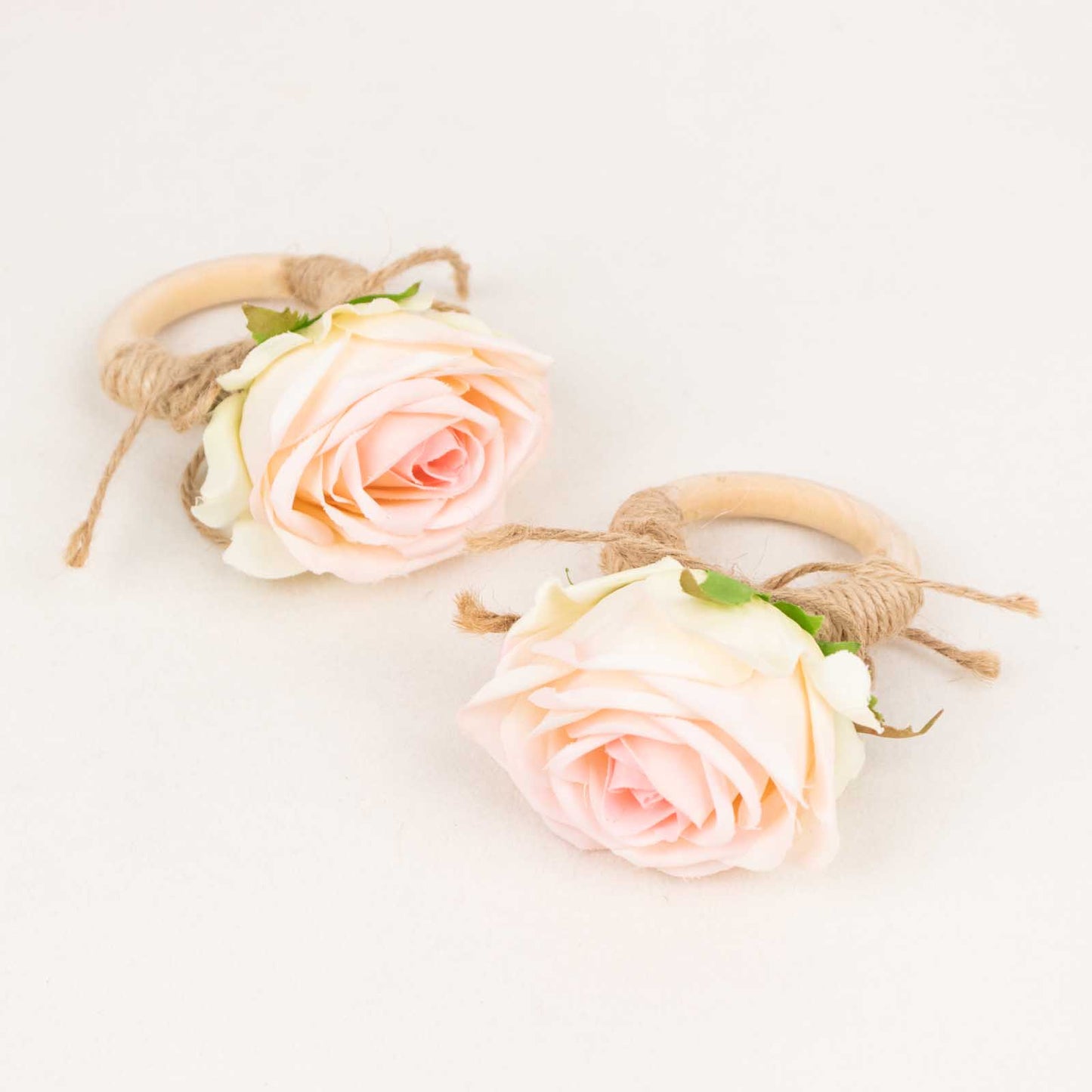 4 Pack Blush Artificial Rose Flower Wooden Napkin Holders, Farmhouse Country Floral Napkin Rings - 4"