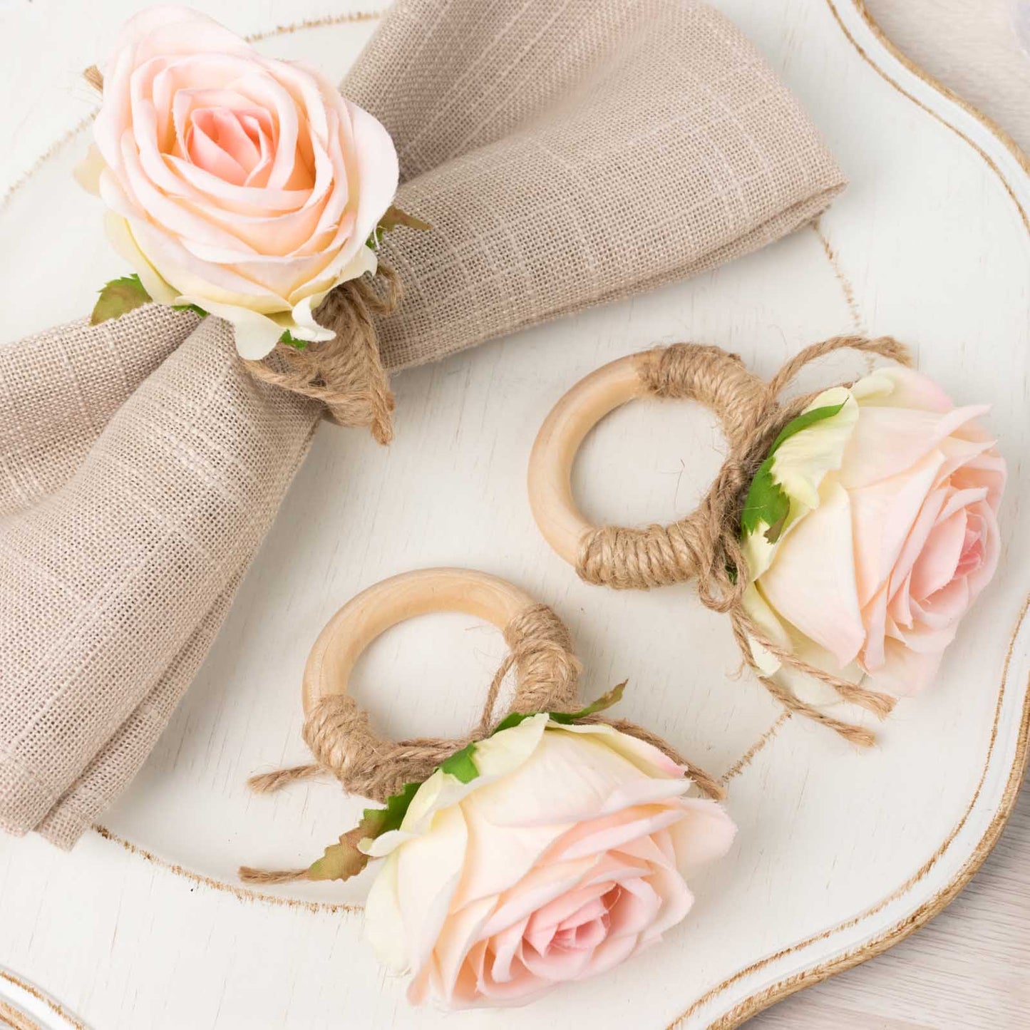 4 Pack Blush Artificial Rose Flower Wooden Napkin Holders, Farmhouse Country Floral Napkin Rings - 4"