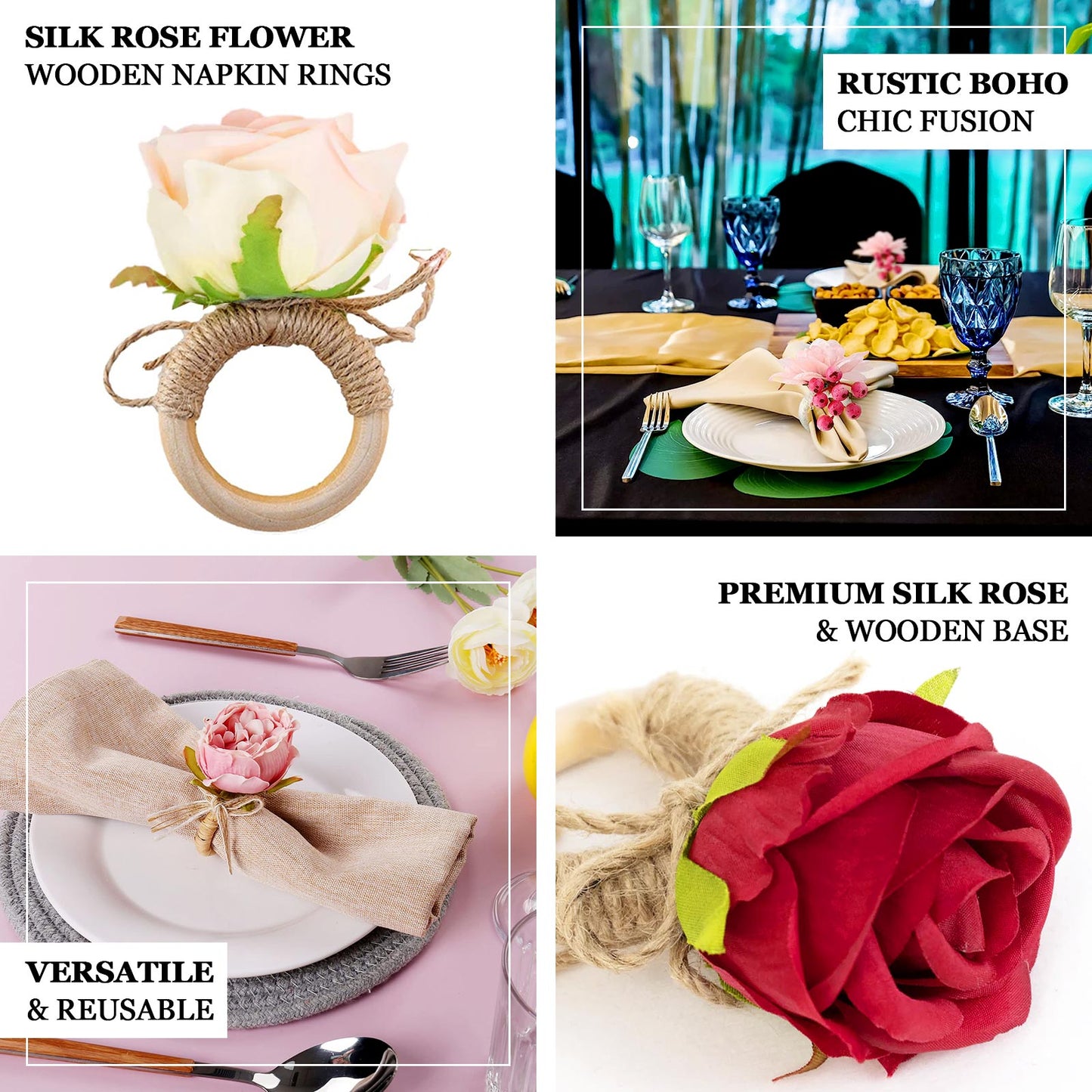 Blush artificial rose wooden napkin holders on a table setting.