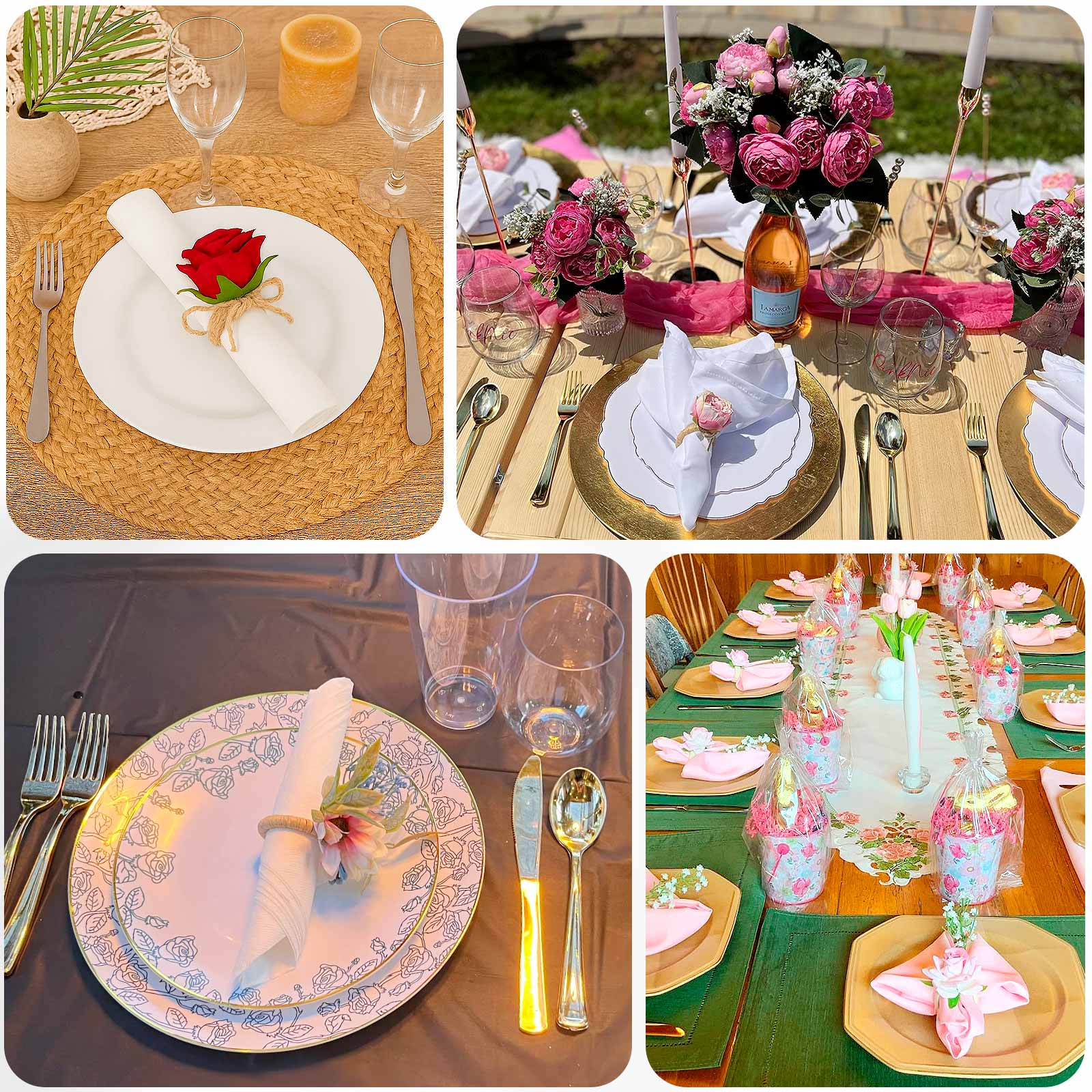 Blush artificial rose floral napkin holder on a table setting.