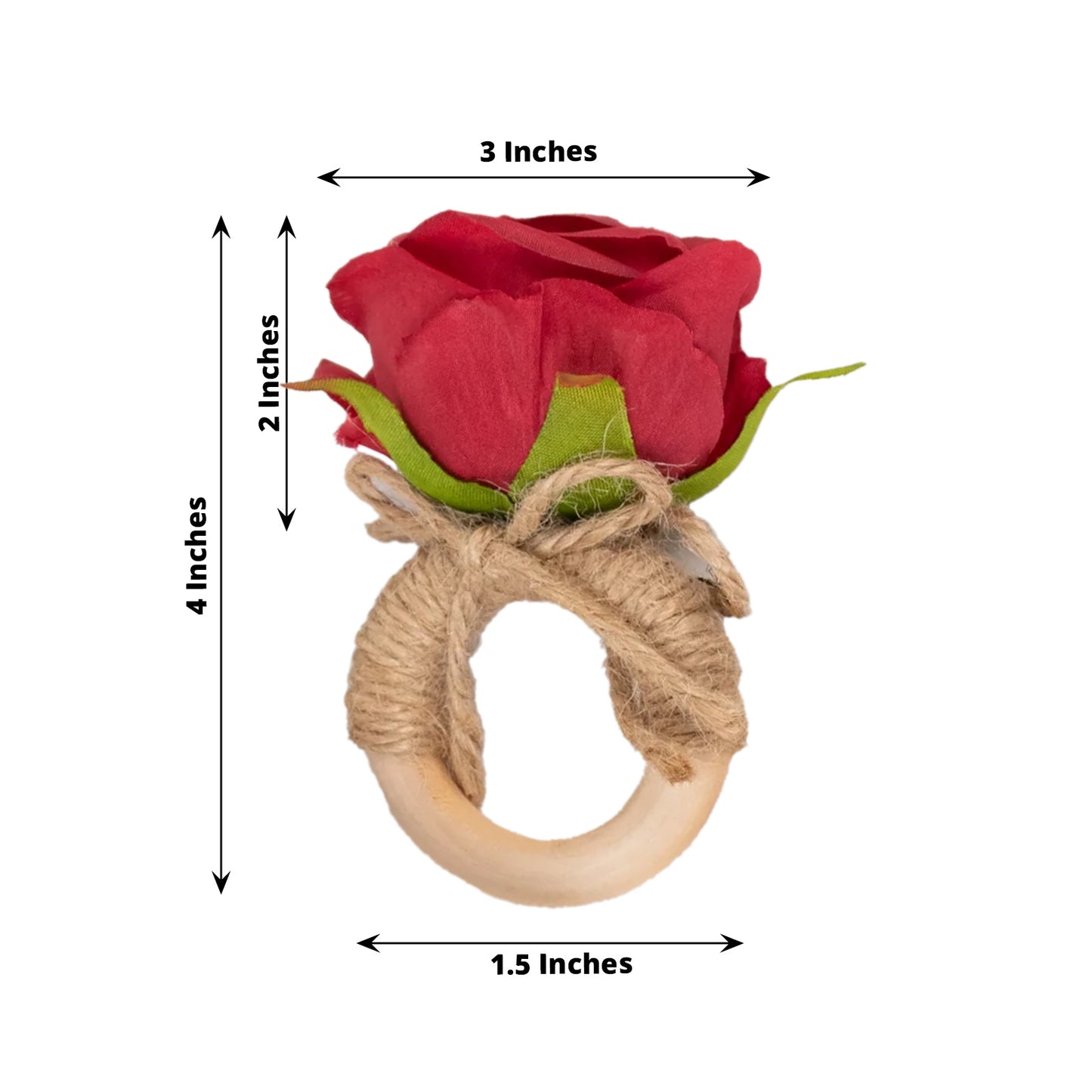 4 Pack Red Artificial Rose Flower Wooden Napkin Holders, Farmhouse Country Floral Napkin Rings - 4"