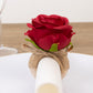4 Pack Red Artificial Rose Flower Wooden Napkin Holders, Farmhouse Country Floral Napkin Rings - 4"