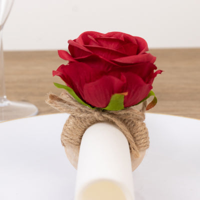 4-Pack Red Silk Rose Flower Wooden Napkin Rings – Rustic Boho Chic Floral Napkin Holders