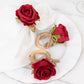4 Pack Red Artificial Rose Flower Wooden Napkin Holders, Farmhouse Country Floral Napkin Rings - 4"