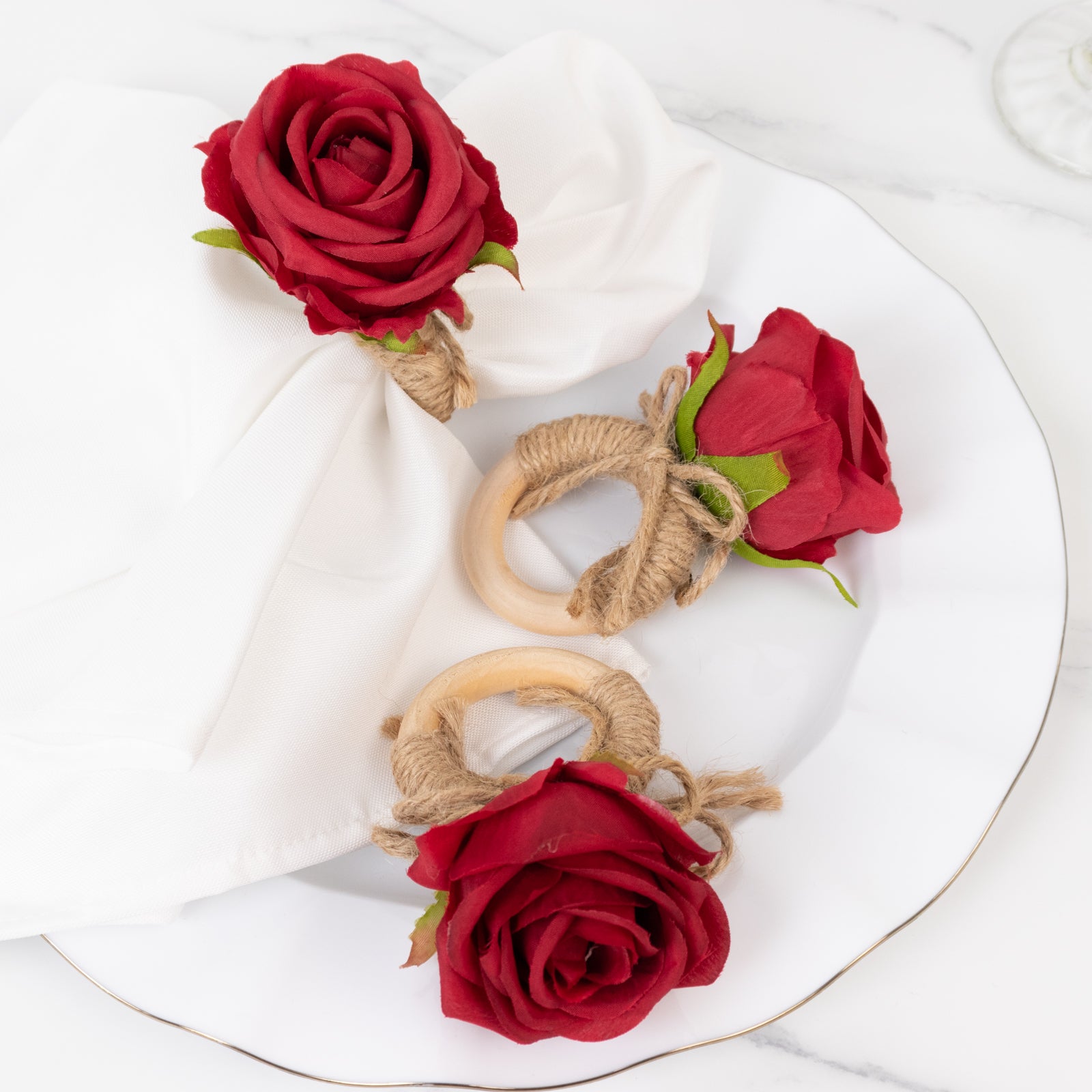 Set of Red Silk Rose Wooden Napkin Rings TCFLinen