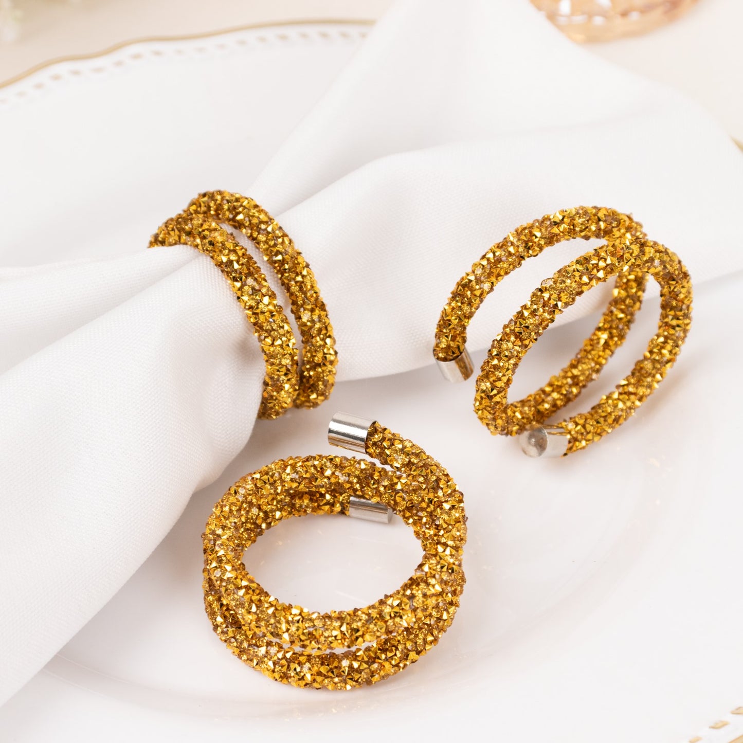 4 Pack Gold Rhinestone Swirl Napkin Rings, Sparkle Cloth Napkin Holders